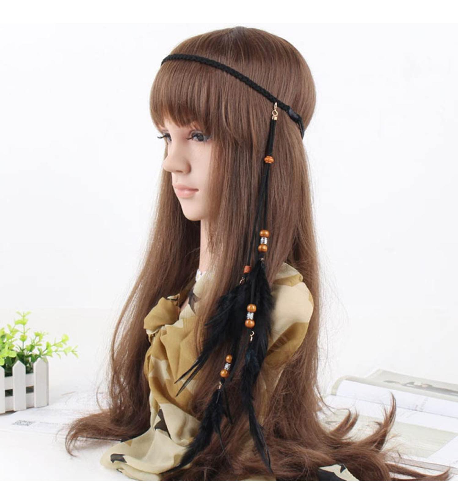 Boho Feather Headband Indian Hippie Gypsy Headpiece - Black Feather Tassel Headdress for Women and Girls - Festival Party Hair Accessories - Buy Online on GoSupps.com