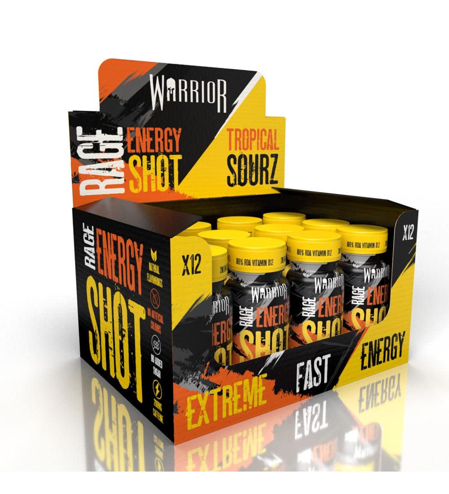 Warrior RAGE ENERGY SHOT Pre Workout Drink - 12 x 60ml, 200mg Caffeine, Natural Flavourings, Vitamin B6 & B12, Tropical Sourz - Buy Online on GoSupps.com