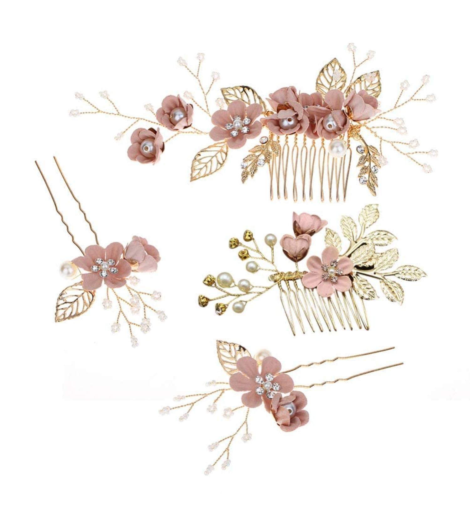 4-Piece Gold Wedding Hair Combs - Pearl & Rhinestone Bridal Hair Accessories for Brides & Bridesmaids - Pink - Buy Online on GoSupps.com