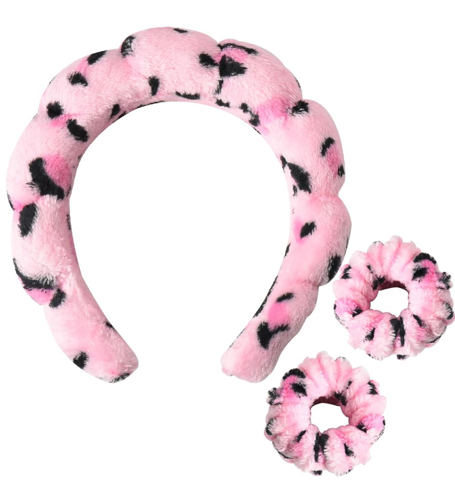 Pink Leopard Print Skincare Headband and Wristbands Fluffy Headband for Skincare 3 Piece Spa Headband and Wrist Washband Face Wash Set Puffy Makeup Headbands for Women Girls Sponge Skincare Leopard Print Pink - Buy Online on GoSupps.com