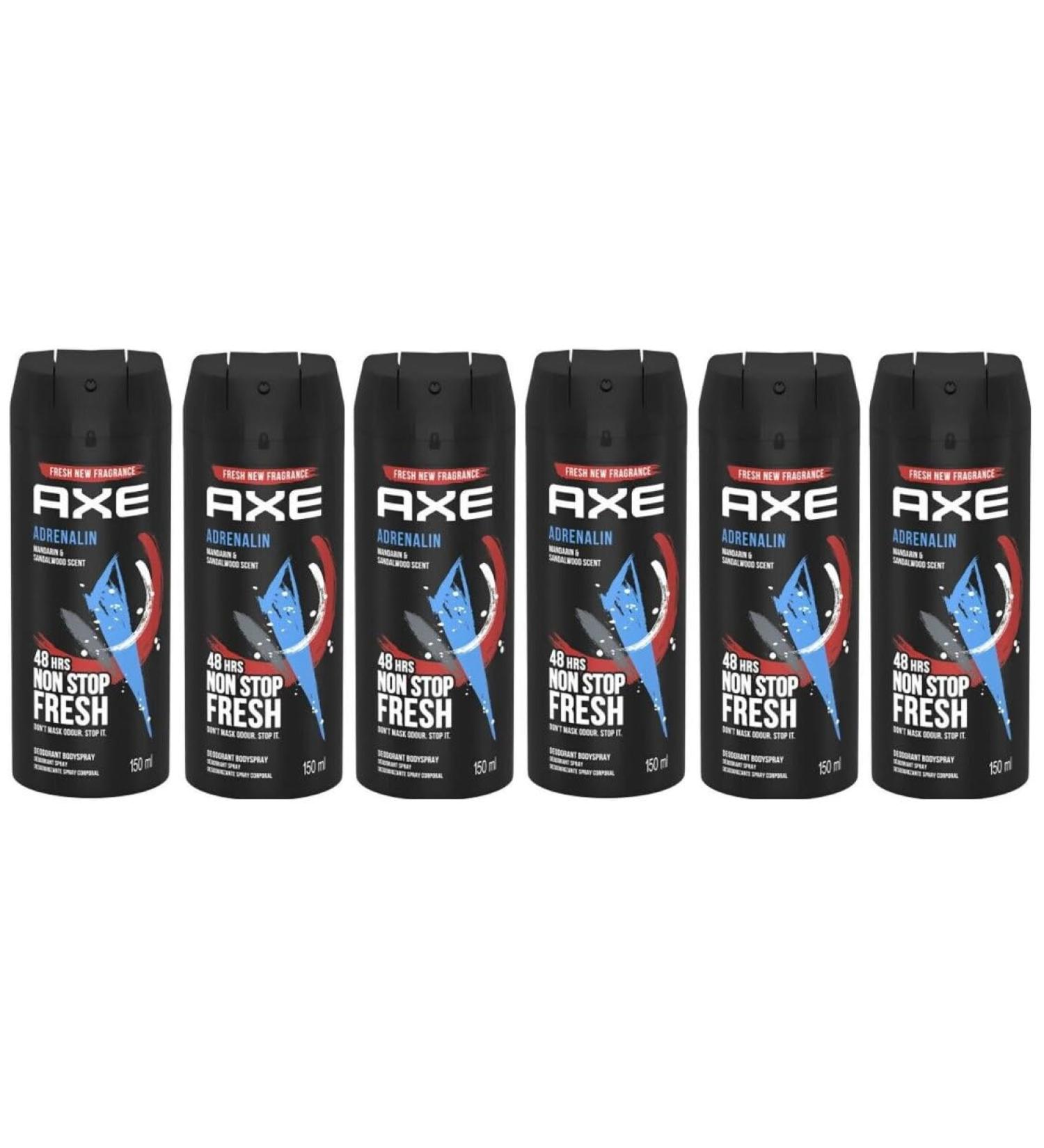 AXE (6 Pack) Adrenalin Body Spray for Men 5.07 Oz (150ml) |Mandarin & Sandalwood scent |48H Non Stop Fresh |by SBD - Buy Online on GoSupps.com