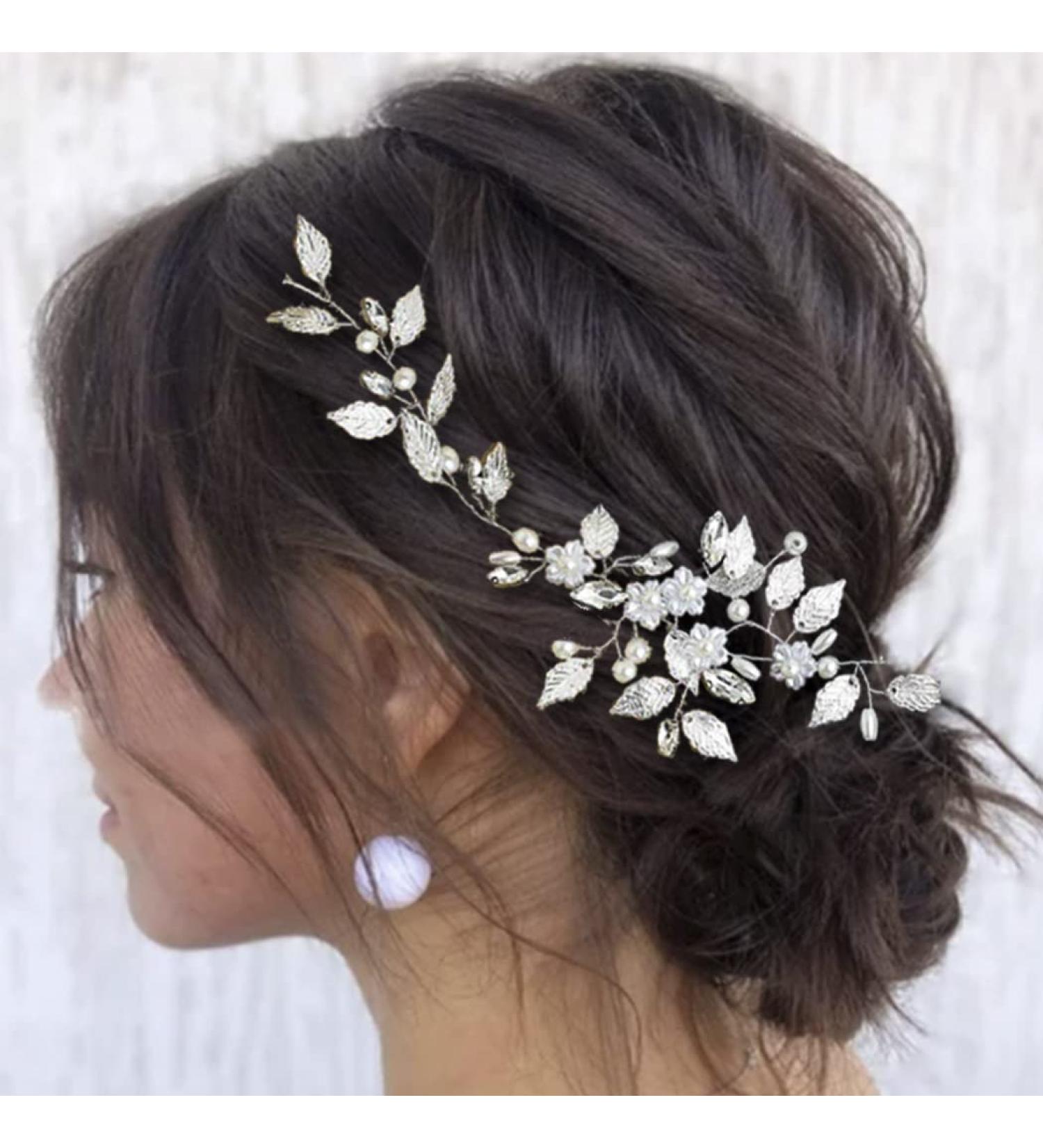 EASEDAILY Silver Leaf Wedding Hair Vine with Pearls and Crystals - Bridal Headpiece for Women - Buy Online on GoSupps.com