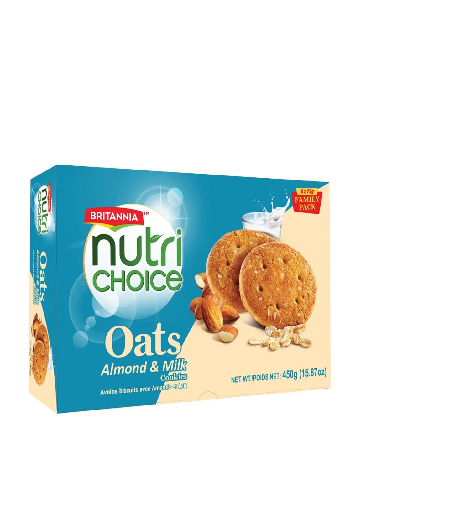 BRITANNIA NutriChoice Oats Almond and Milk Cookies 8 Family Packs - 3.6kg (6 x 75g 450g per Family Pack) | High-Fiber Healthy Snacks | Perfect for Breakfast and Tea Time