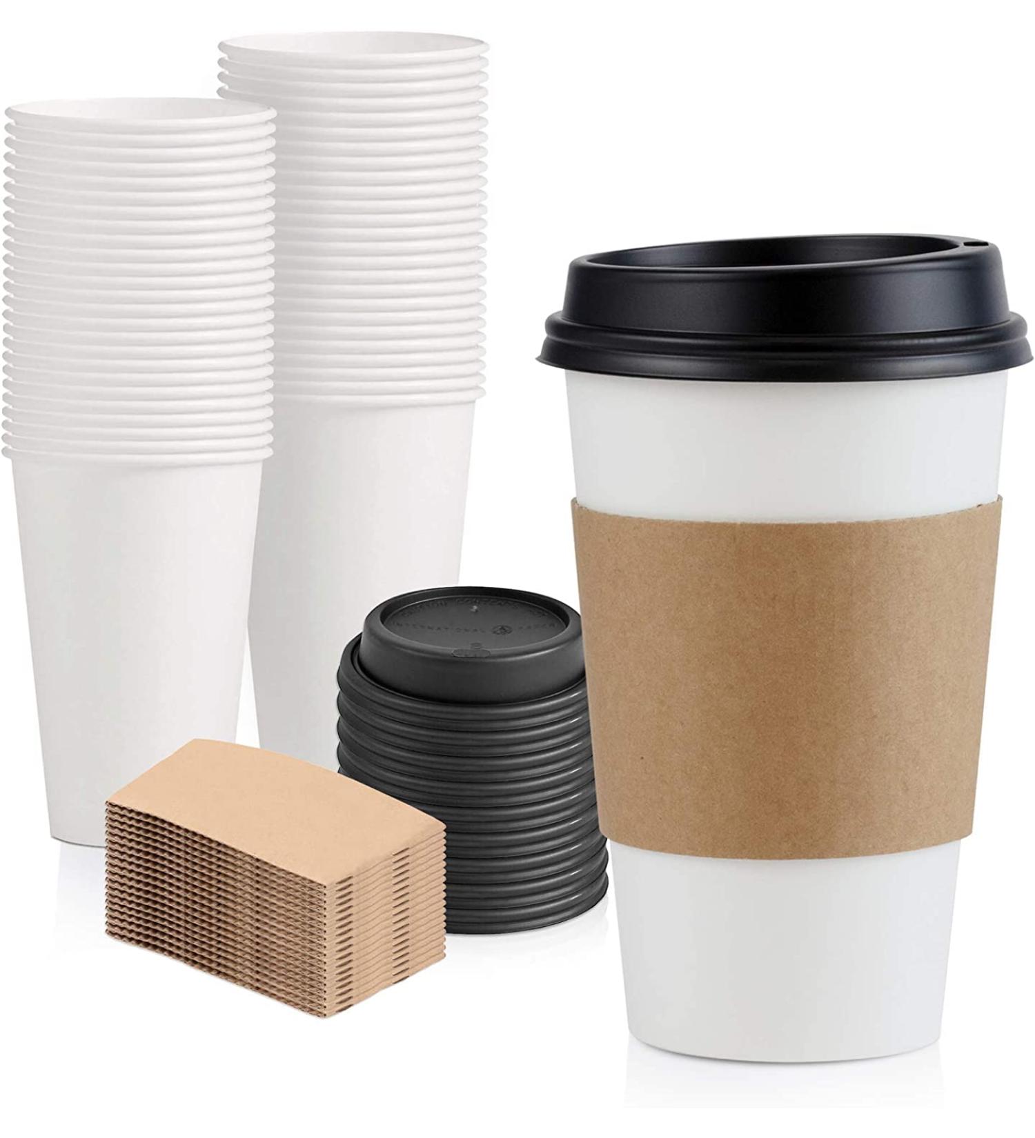 Hot Beverage Disposable White Paper Coffee Cup with Black Dome Lid and Kraft Sleeve Combo Medium Grande 50 Pack
