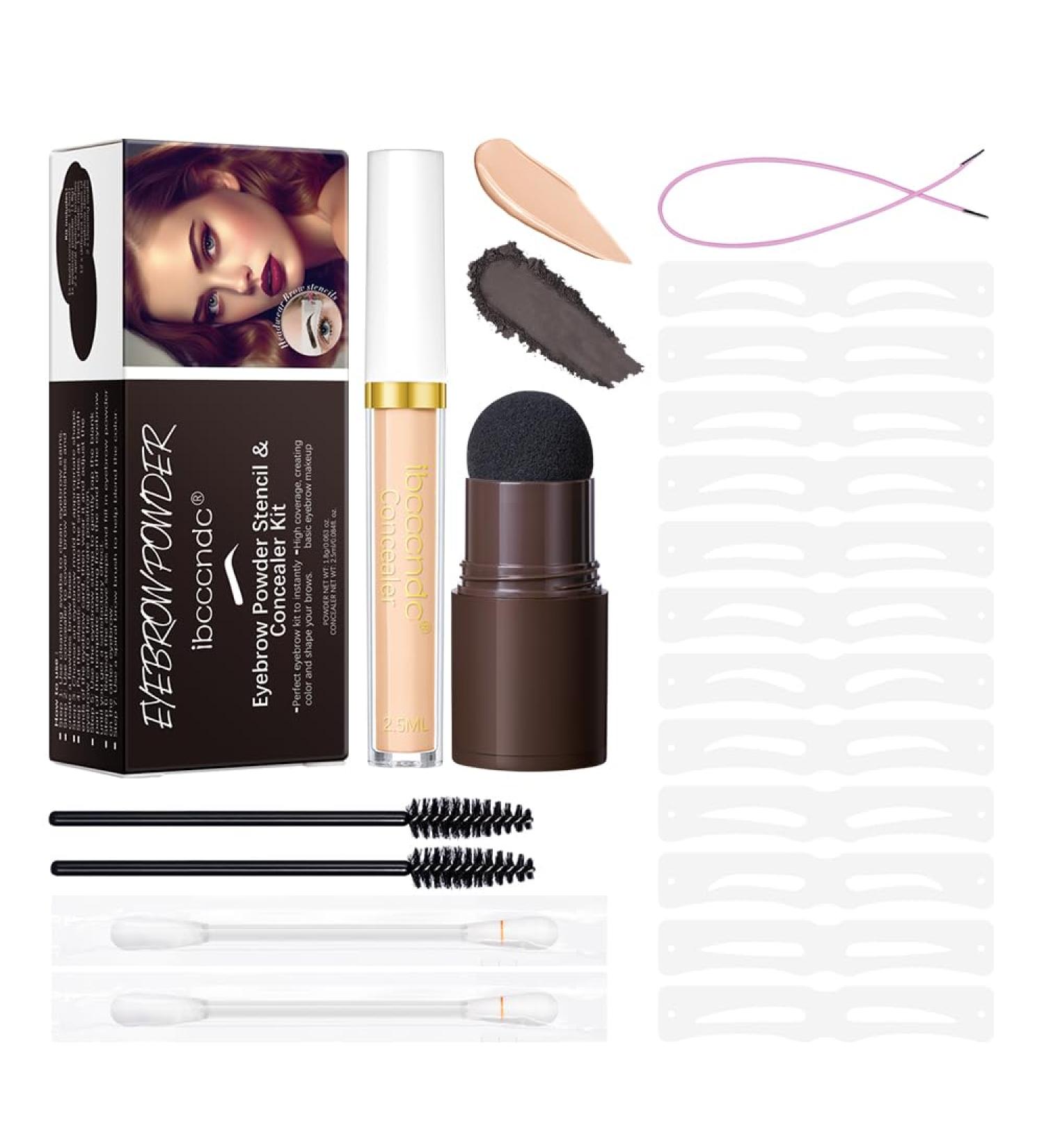 Eyebrow Powder Stencil Concealer Kit - Long Lasting Waterproof Definer with 12 Reusable Stencils - Perfect Dark Brown Brow Makeup - Buy Online on GoSupps.com