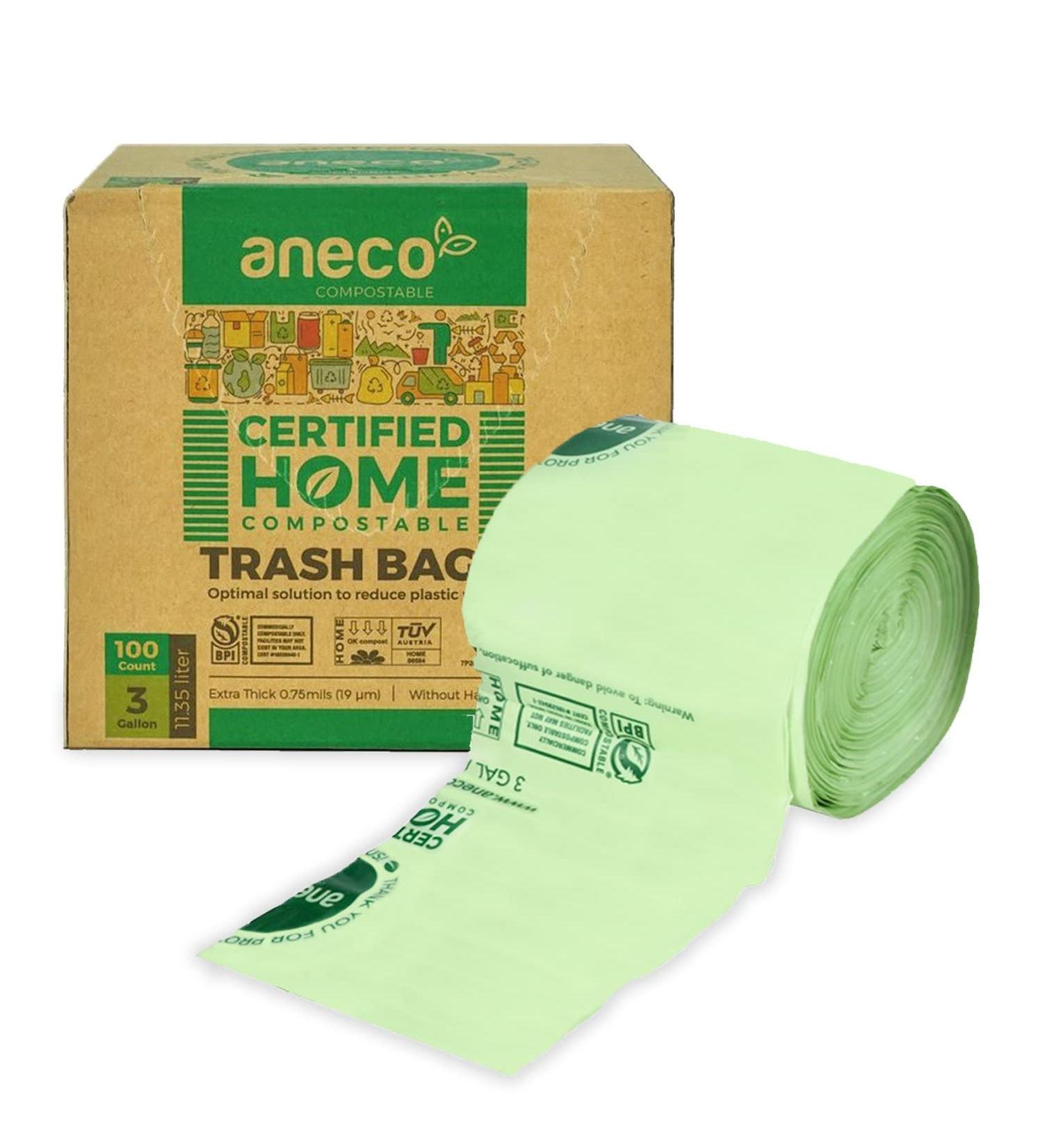 ANECO 3 Gallon 100% Compostable Trash Bags - 100 Count, Extra Thick Small Food Waste Bags - TUV OK Compost Home and BPI Certified - Pack of 100 - Buy Online on GoSupps.com