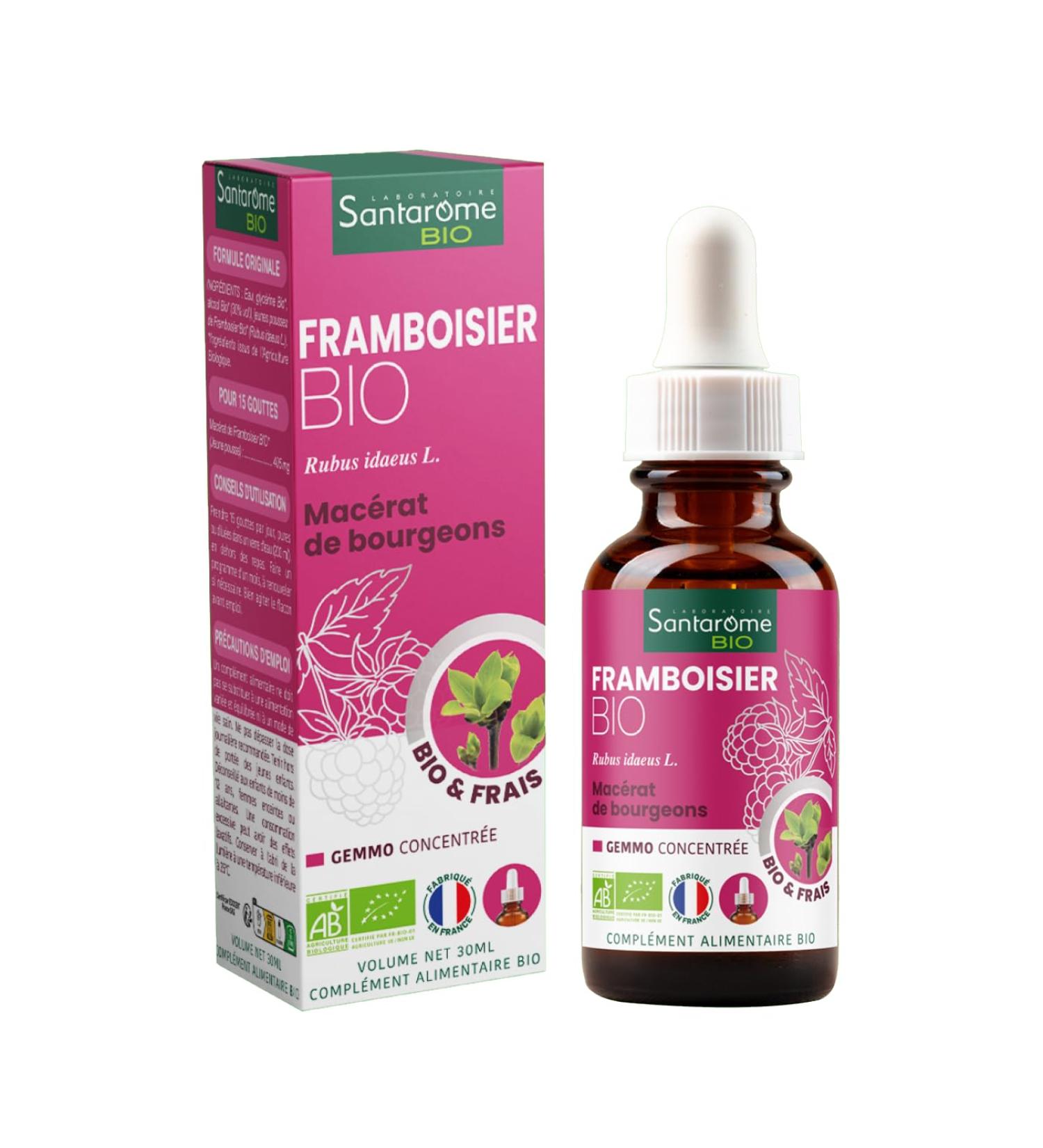 Santarome Bio - Organic Raspberry - Bud macerate - Organic Raspberry Bud - Fresh Bud - Gemmotherapy - Menstrual cycle food supplement - Bottle of 30 ml - France - Buy Online on GoSupps.com