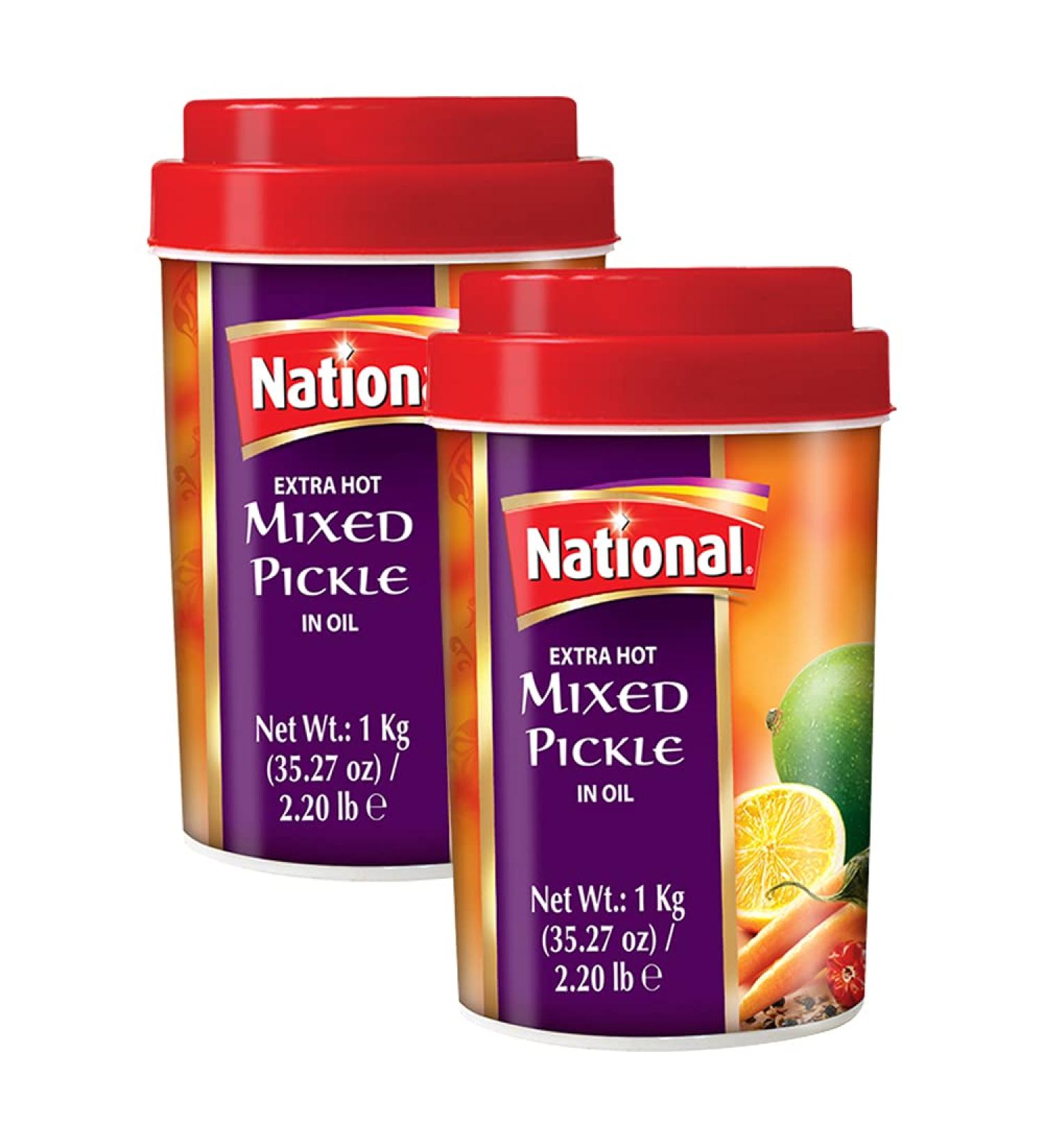National Foods Extra Hot Mixed Pickle 35.27 oz (1000g) | Sour & Spicy Traditional South Asian Relish | Zesty & Tangy Achaar | Plastic Jar | Pack of 2 Extra Hot Mixed (1000g) 1 kg (Pack of 2) - Buy Online on GoSupps.com