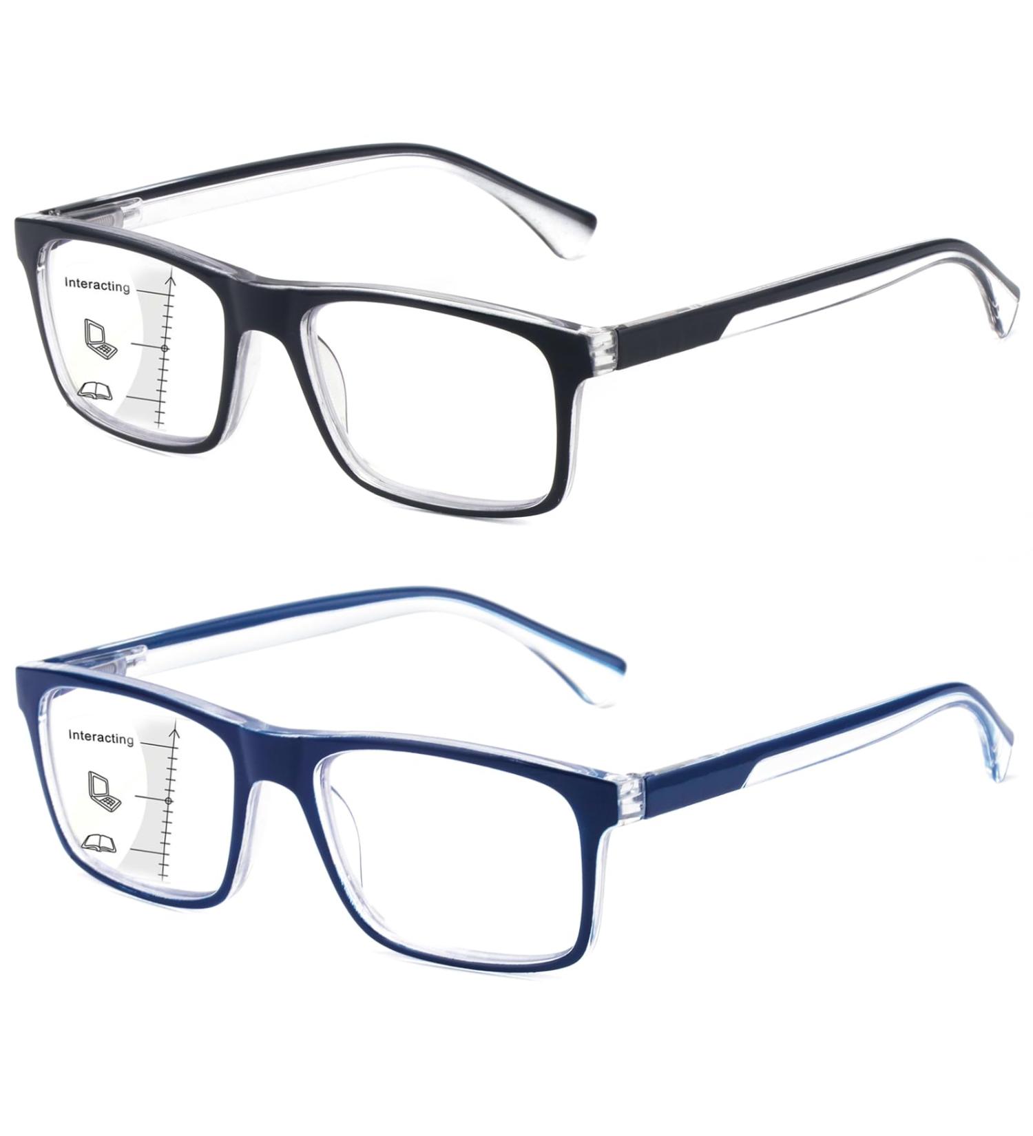 Buy Missfive 2-Pack Mens Multifocus Progressive Reading Glasses - Blue Light Blocking Trifocal Comfort Eyeglasses (2.5x) - Black/Clear + Blue/Clear - Buy Online on GoSupps.com