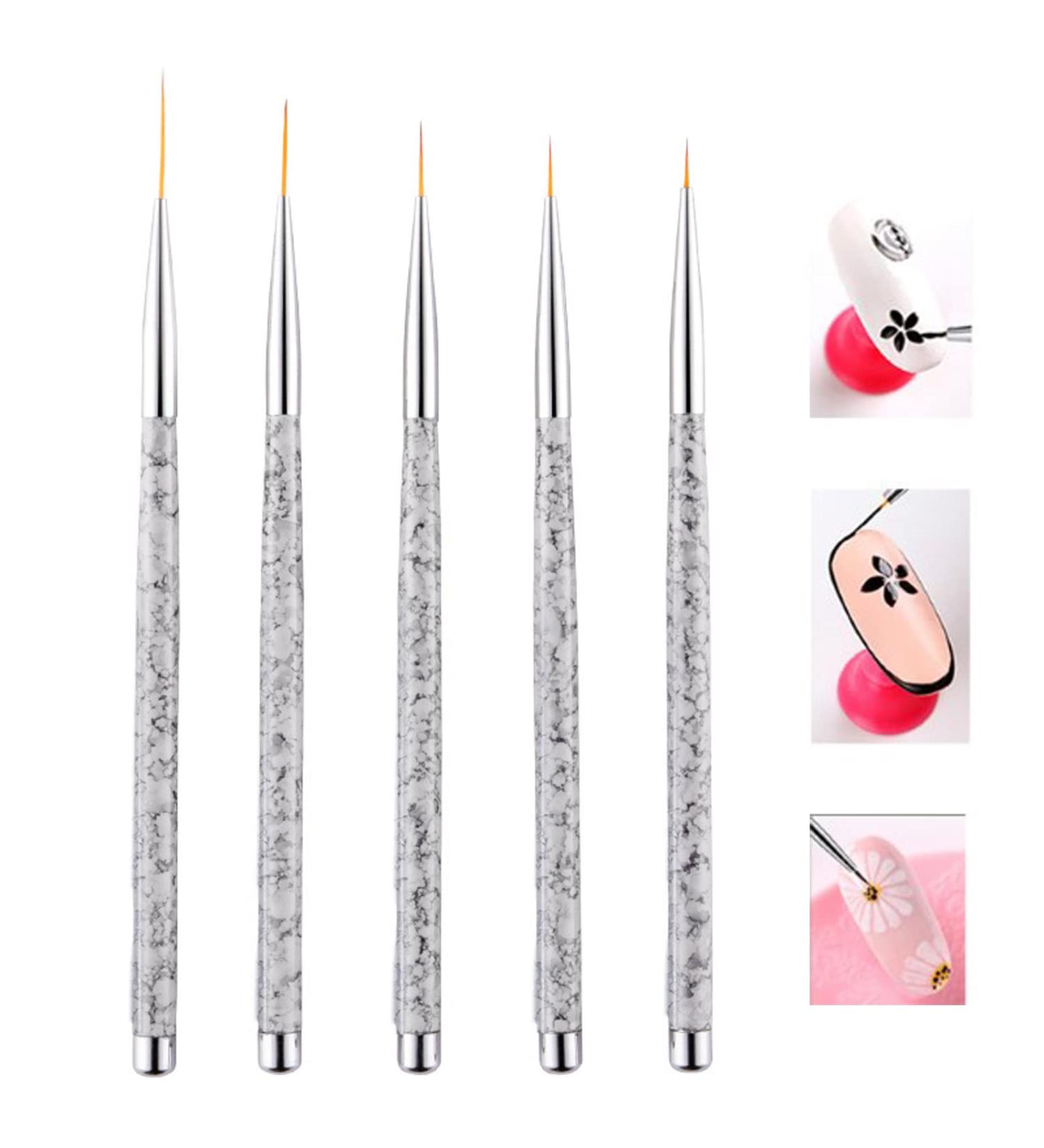 5 Pcs Professional Nail Art Liner Brushes Set - White Marble Design Brush Pen for UV Gel Painting, Point Drill & Drawing - 7/9/11/15/20mm Thin Brushes - Buy Online on GoSupps.com