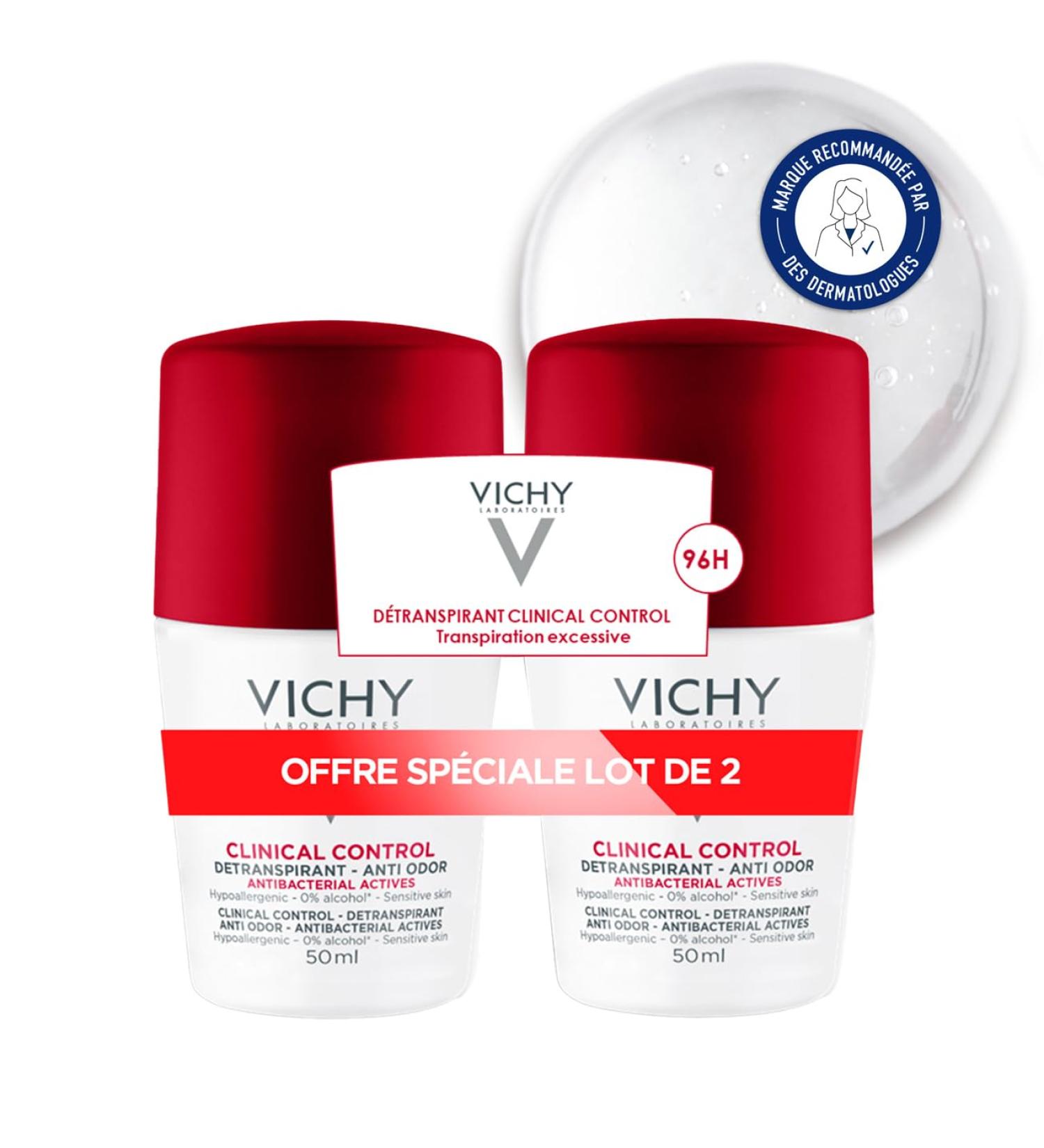 Vichy 48H Antiperspirant Deodorant Roll-on Fragrance-Free & Alcohol-Free Hypoallergenic For Sensitive or Hairless Skin Pack of 2 - Buy Online on GoSupps.com