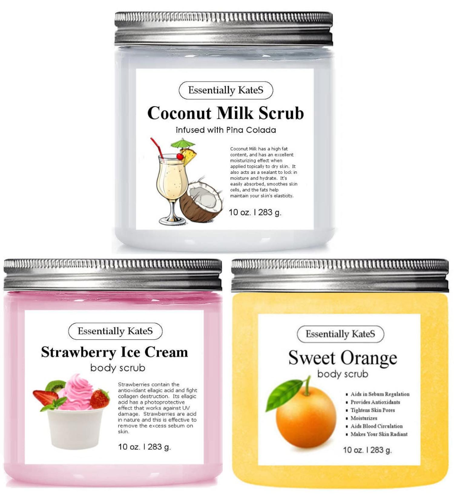 Essentially KateS Top 3 Body Scrub Set - Strawberry Ice Cream, Coconut Milk, Orange - 10 oz x 3 - Perfect Gifts for Loved Ones - Buy Online on GoSupps.com