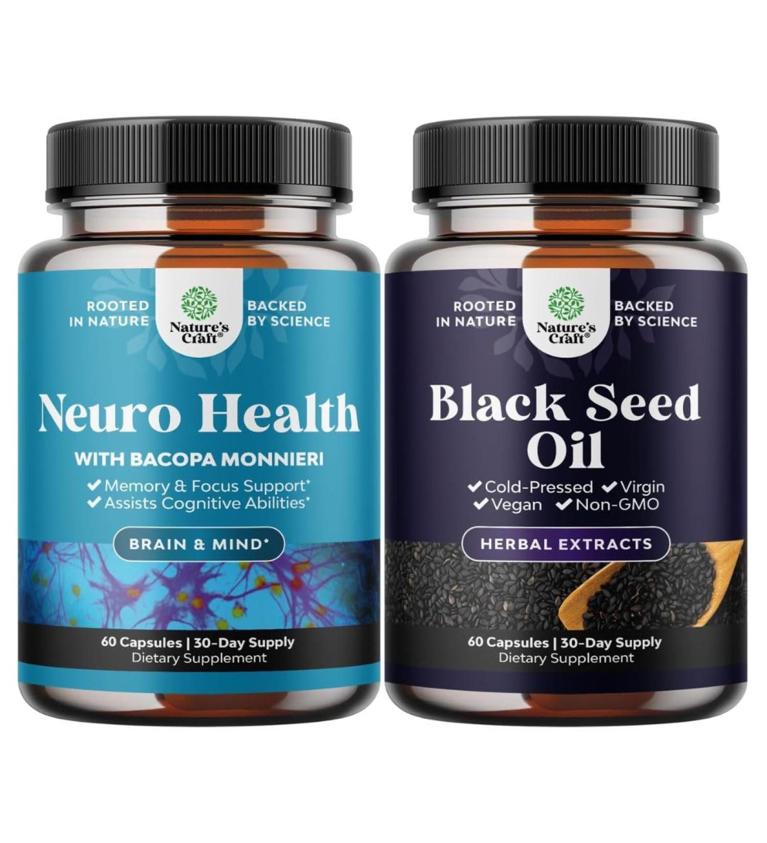 Bundle of Nootropic Brain Supplement for Memory & Focus with Bacopa Monnieri VIT A B6 Riboflavin Niacin Thiamin Folate and Vegan Black Seed Oil - Cold Pressed Nigella Sativa Black Cumin Seed Oil - Buy Online on GoSupps.com