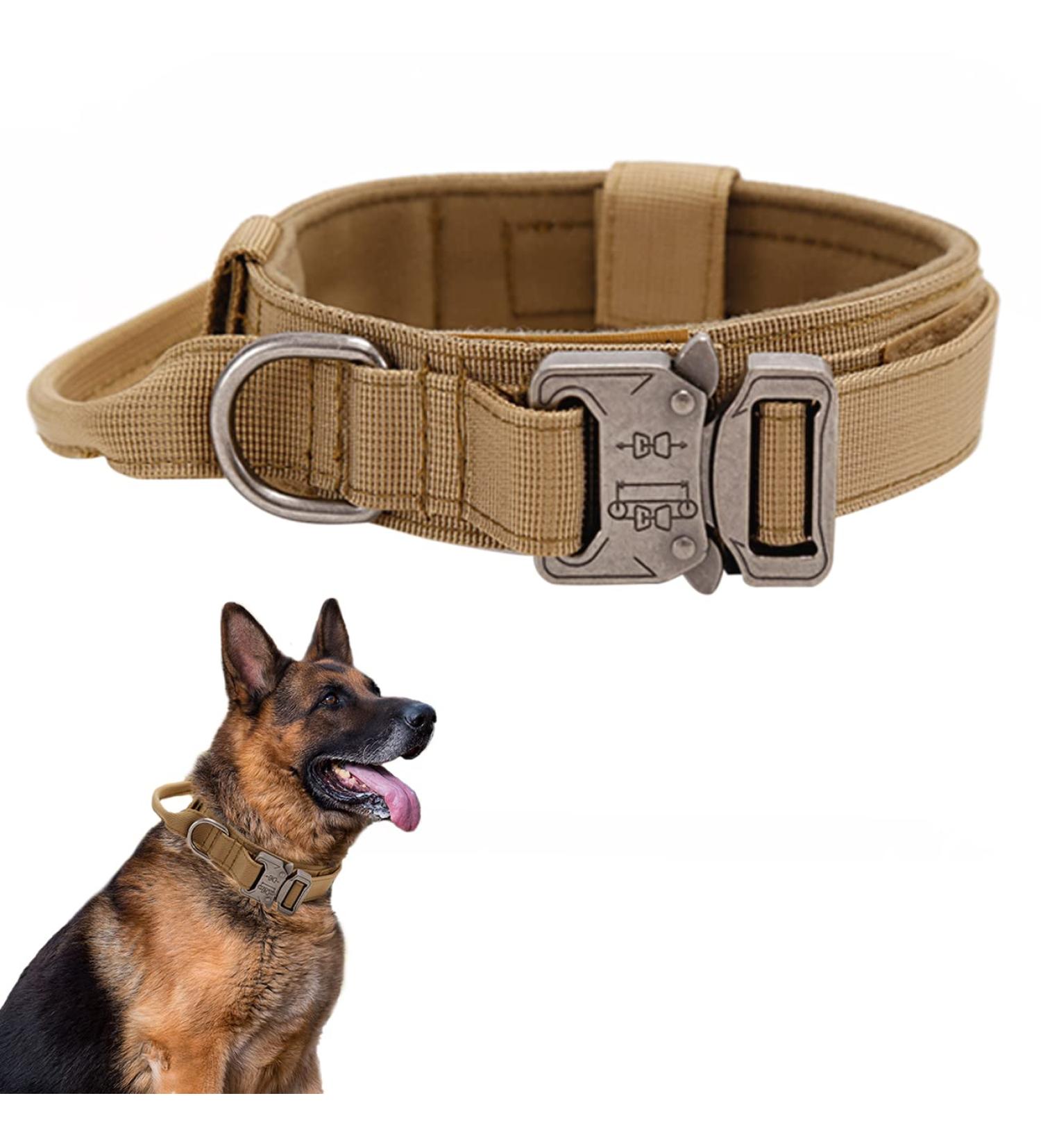 Tactical Dog Collar for Medium & Large Dogs - Adjustable Soft Padded Nylon with Control Handle & Robust Metal Buckle - Brown Color - Buy Online on GoSupps.com