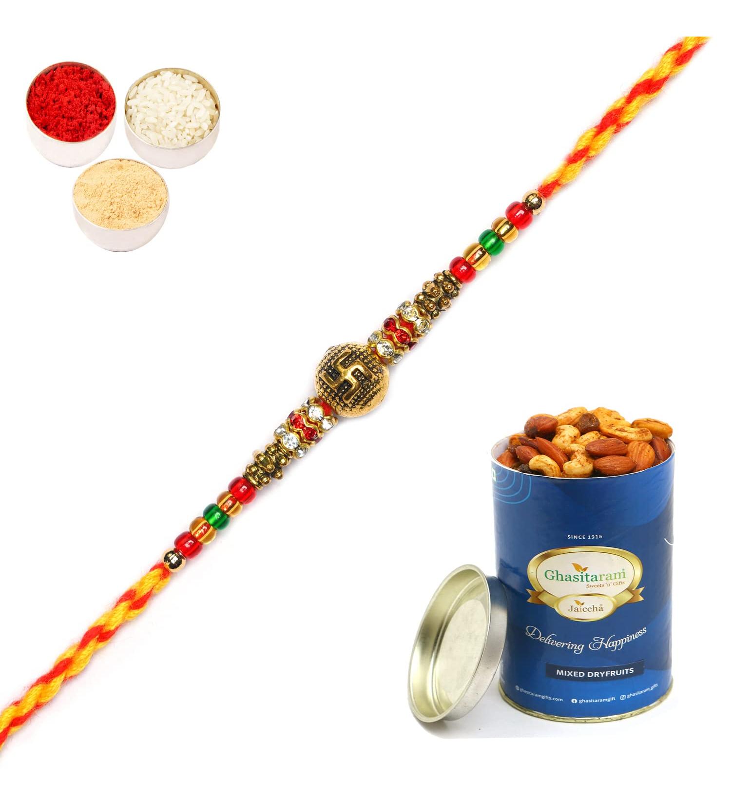 Ghasitaram Gifts Rakhis Online for Brother- R-2147 Rakhi Thread with 100 GMS of Dryfruits Mix Can Rakhi Set with 100 gms of Dryfruits Mix Can - Buy Online on GoSupps.com