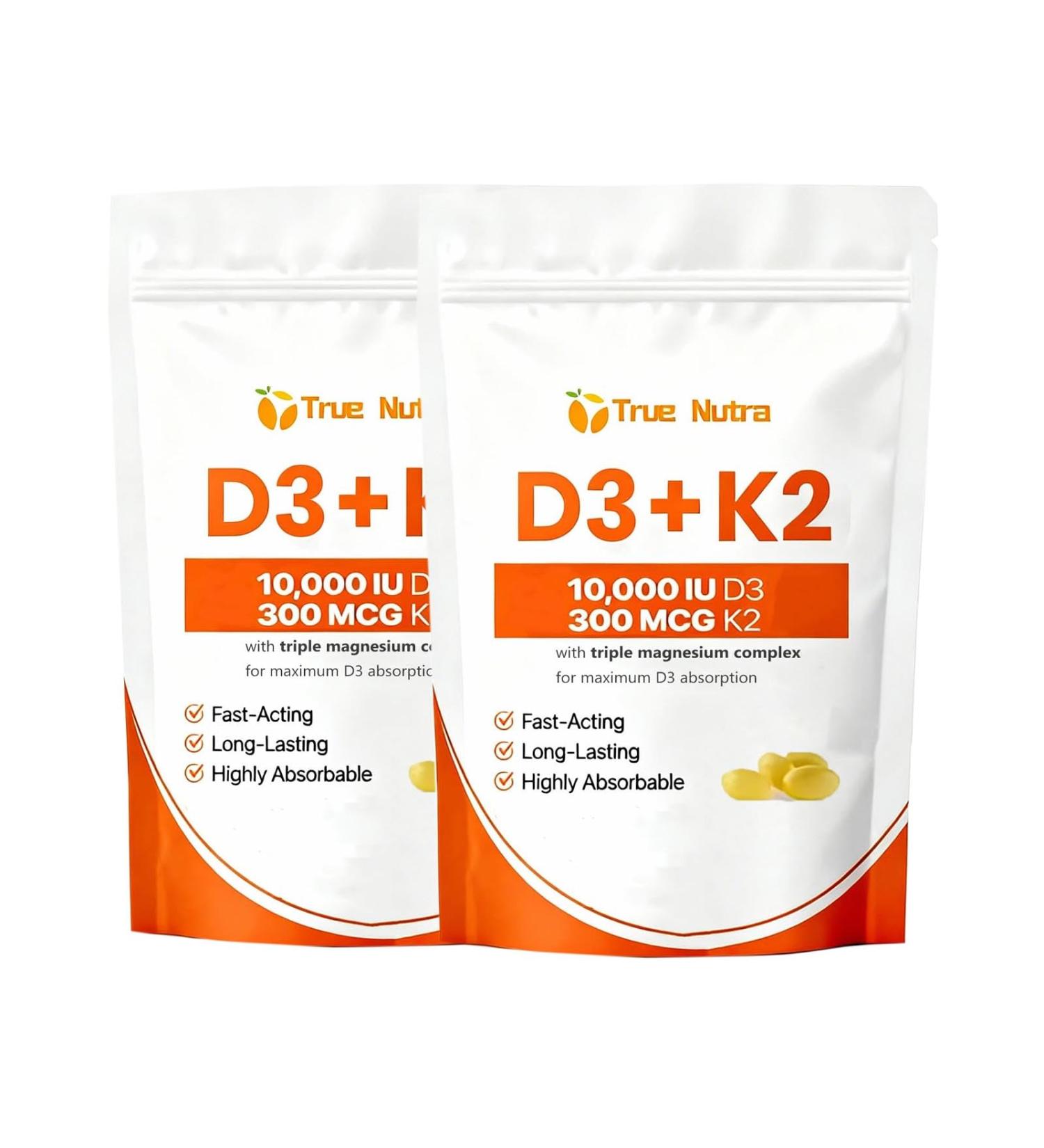 true nutra D3 K2 Vitamin D3 K2 10 000 IU Magnesium Supplement Non-GMO Gluten-Free Supports Immune & Energy 300 Coconut Oil Softgels (2pcs) - Buy Online on GoSupps.com