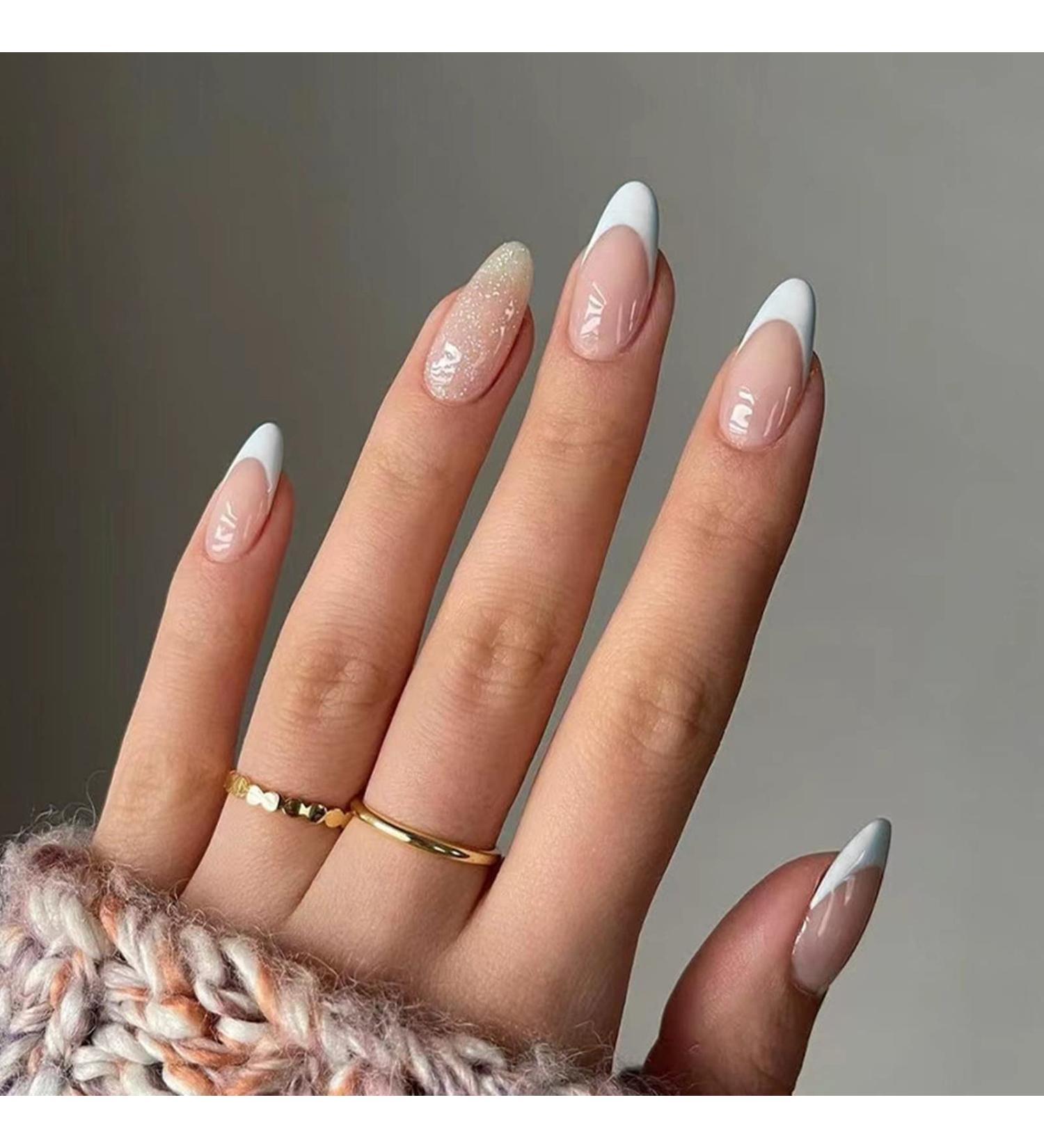 JUSTOTRY 24 Pcs Almond Press on Nails Short Milky White French Stick on Nails with Glitter Designs - Women's False Nails with Glue for Nail Art - Buy Online on GoSupps.com