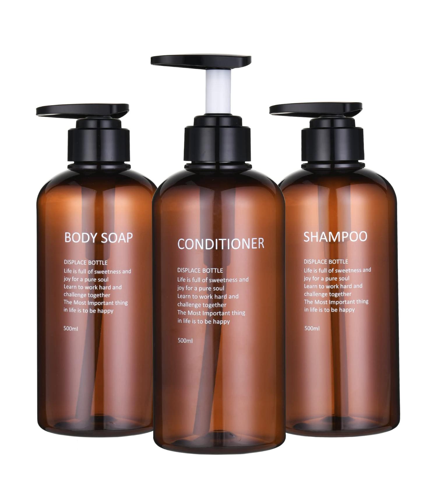 Amber Plastic Shampoo and Conditioner Dispenser Set - 3pcs 16.9oz/500ml Refillable Pump Bottles for Shower Body Wash - Bathroom Container Kit - Buy Online on GoSupps.com