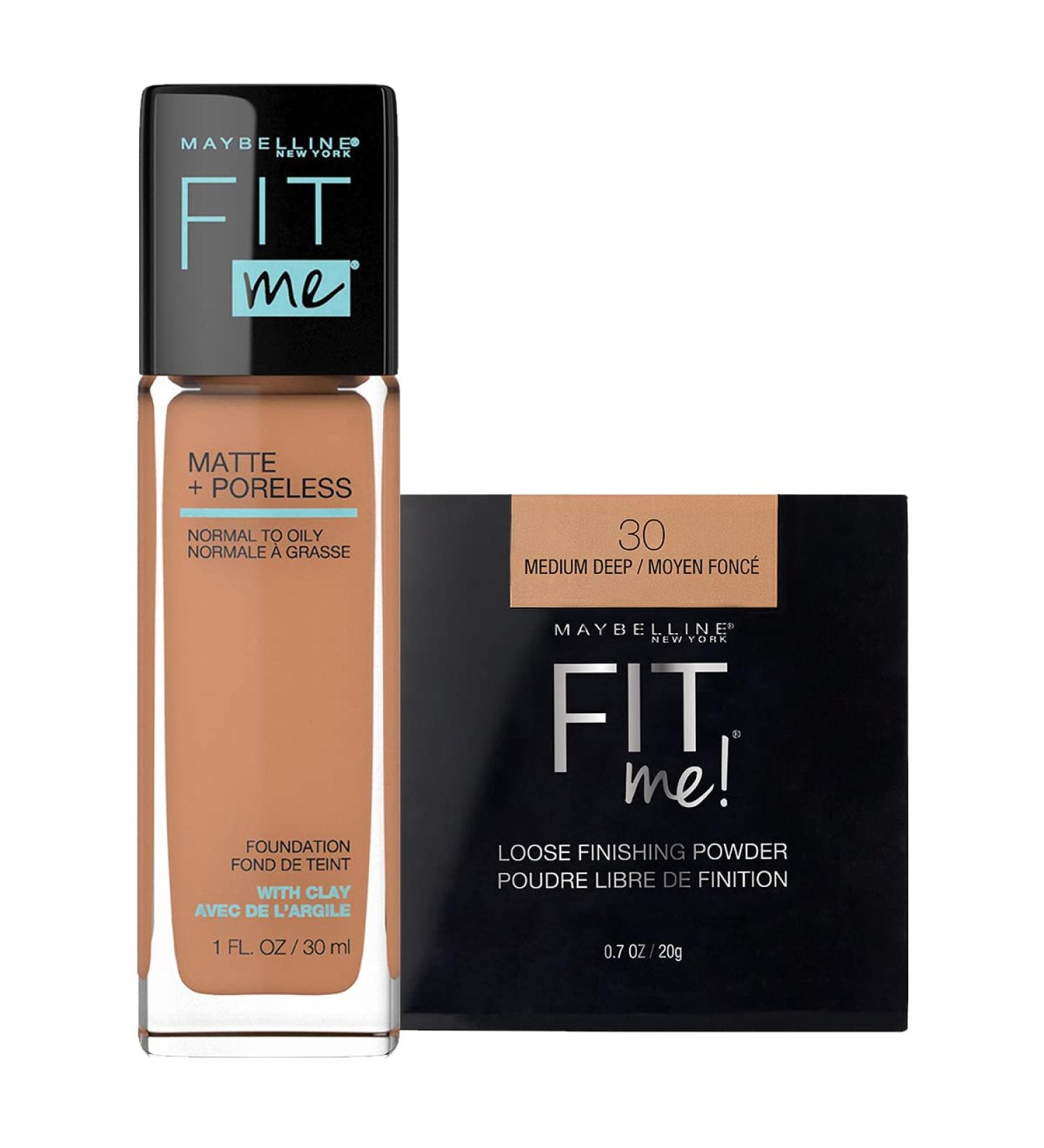 Maybelline New York Fit Me Matte + Poreless Liquid Foundation Makeup Toffee 1 fl. oz. and Loose Finishing Powder Medium Deep 0.7 Oz - Buy Online on GoSupps.com