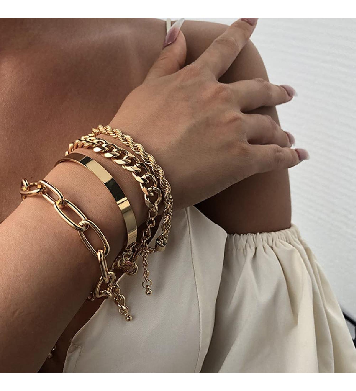 Chargances Gold Chunky Flat Cable Chain Bracelets Set - Layered Paper Clip Bangle Fashion Jewelry for Women Girls Gift - Buy Online on GoSupps.com