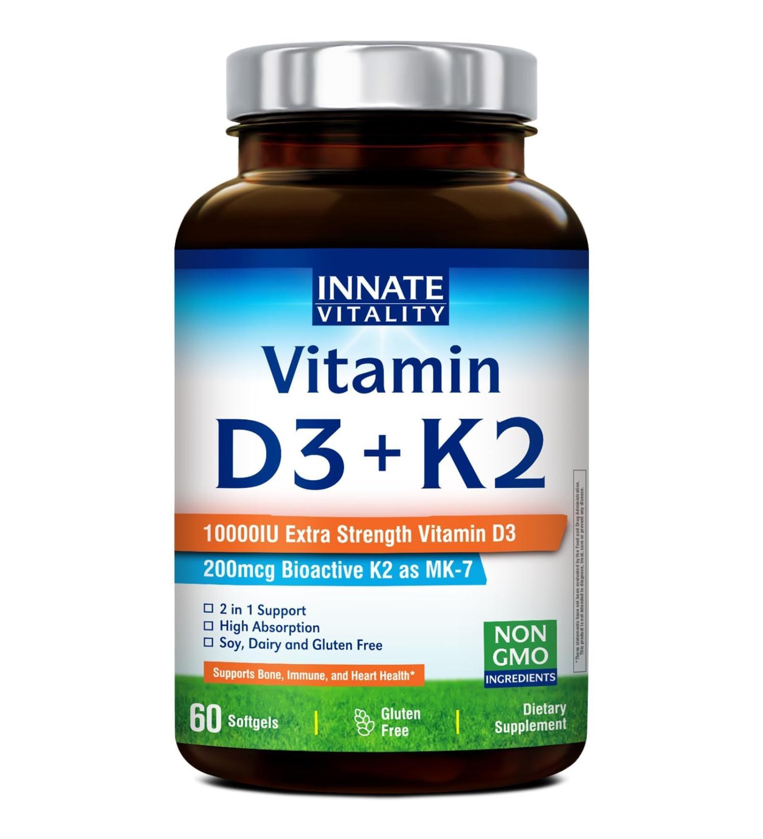 Innate Vitality Vitamin D3 K2 Supplement High Potency Vitamin D3 10000 IU & Vitamin K2 (MK-7) 200 mcg Supports Bone Teeth Heart & Immune Health Non-GMO Gluten Free 60 Softgels 60 Count (Pack of 1) - Buy Online on GoSupps.com