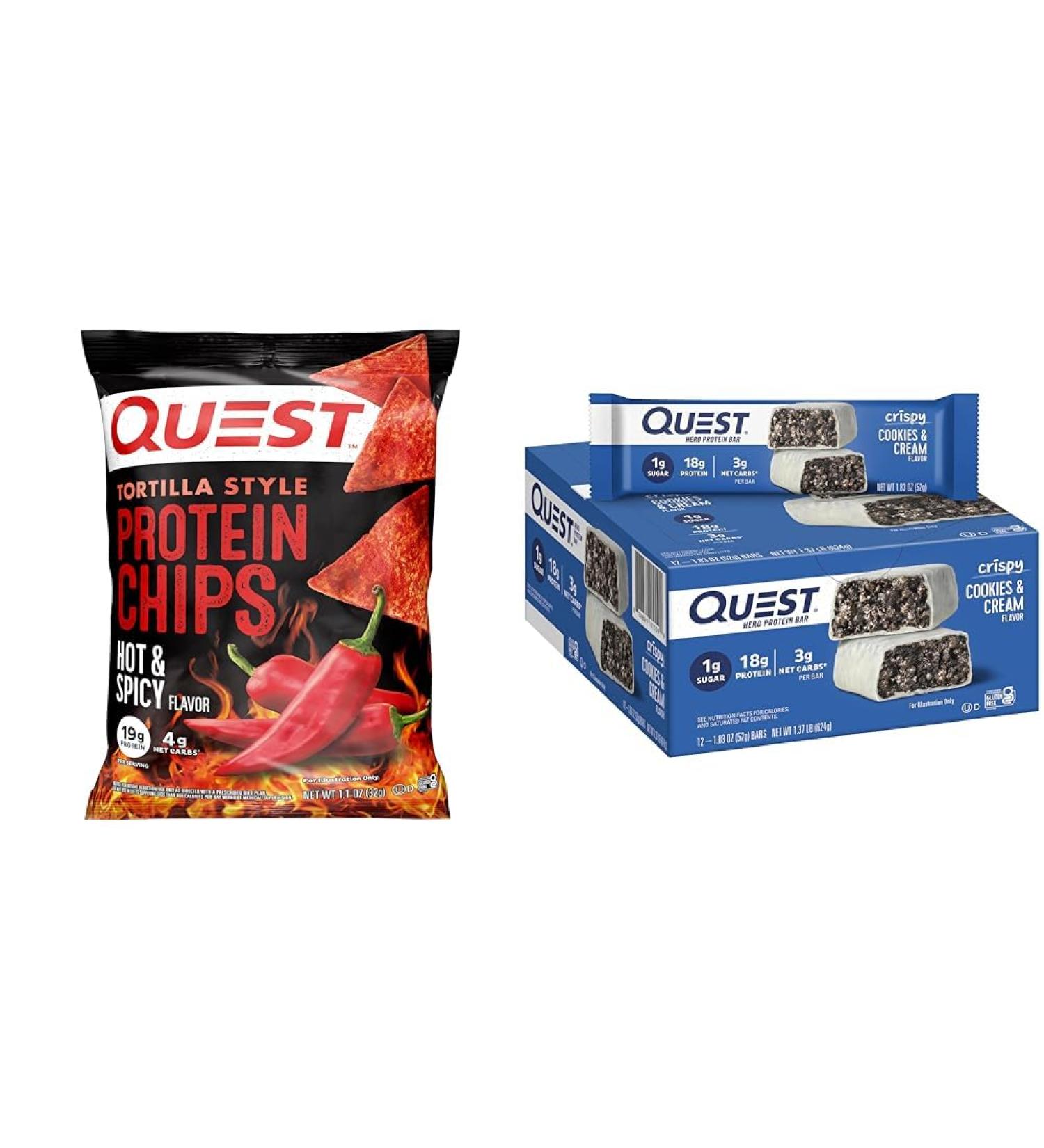 Quest Hot & Spicy 19g Protein Tortilla Chips 12 Count & Cookies & Cream 18g Hero Protein Bars 12 Count - Buy Online on GoSupps.com