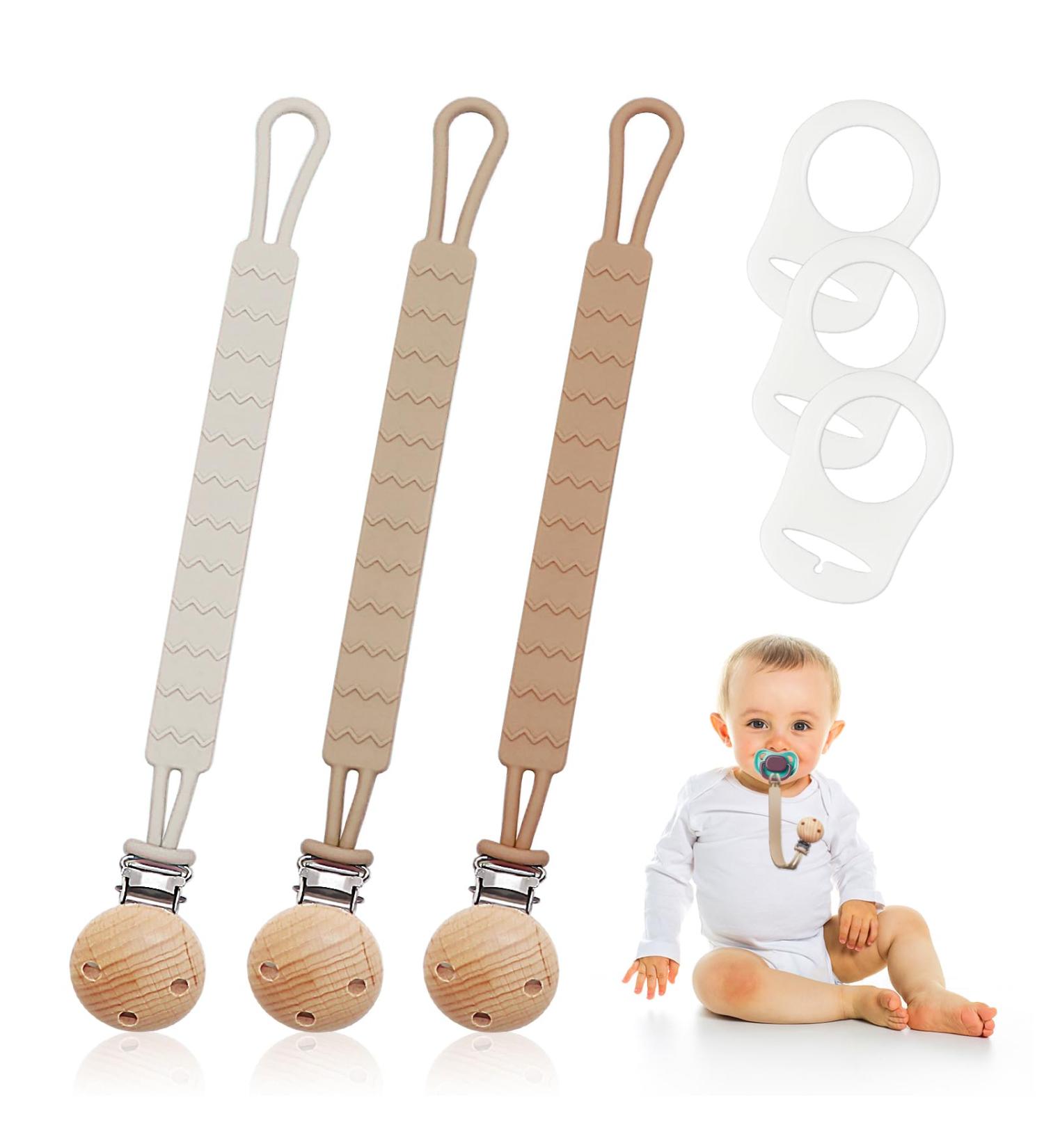 Silicone Dummy Clips Set 3pcs with Adapter Ring | One-Piece Design Pacifier Chain for Boys and Girls - Brown - Buy Online on GoSupps.com
