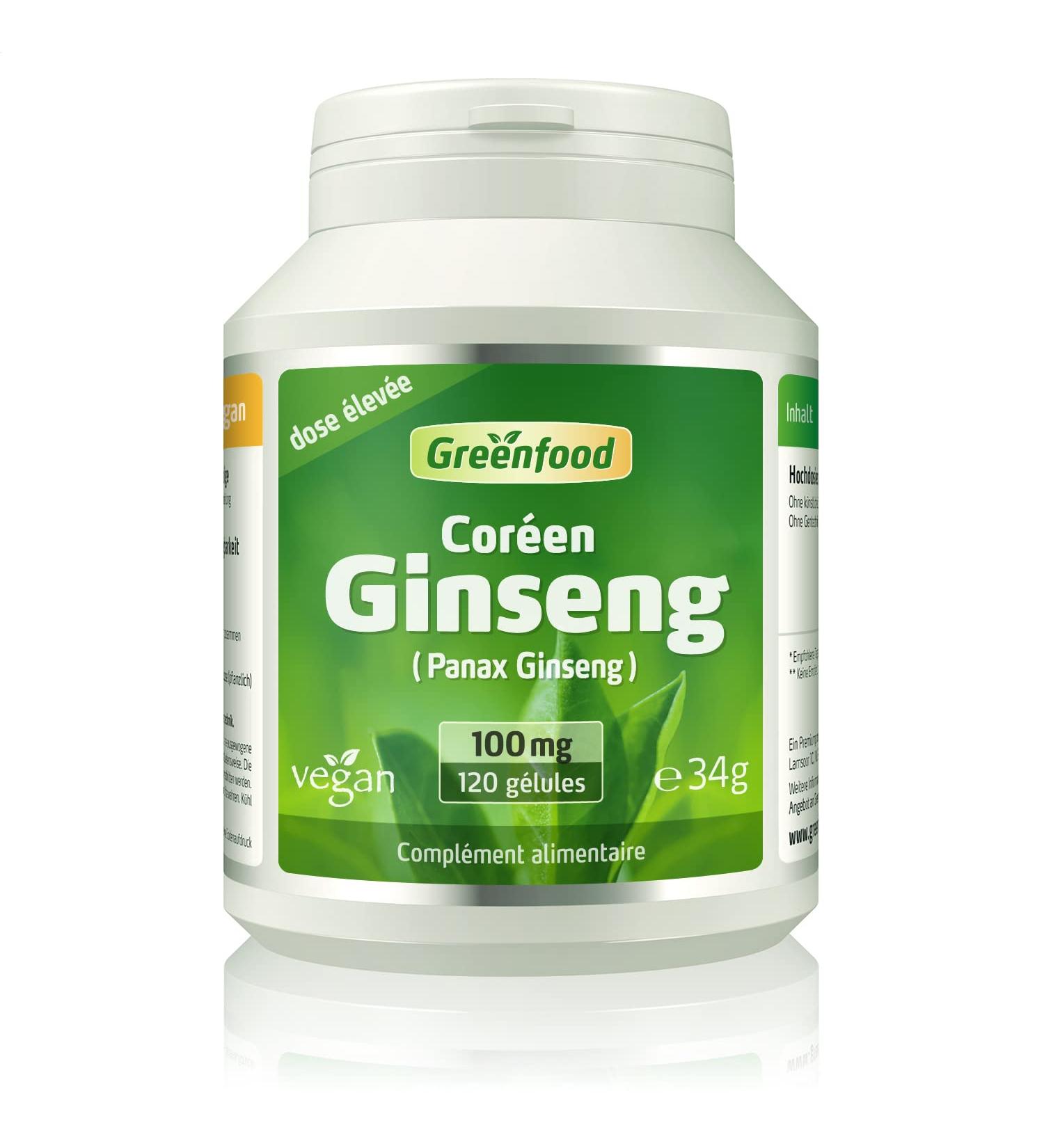Greenfood Korean Ginseng (Red Ginseng) 100 mg 120 Capsules High Dose - Root Extract with 30% Saponins. No Artificial Additives No Genetic Engineering. Vegan. - Buy Online on GoSupps.com