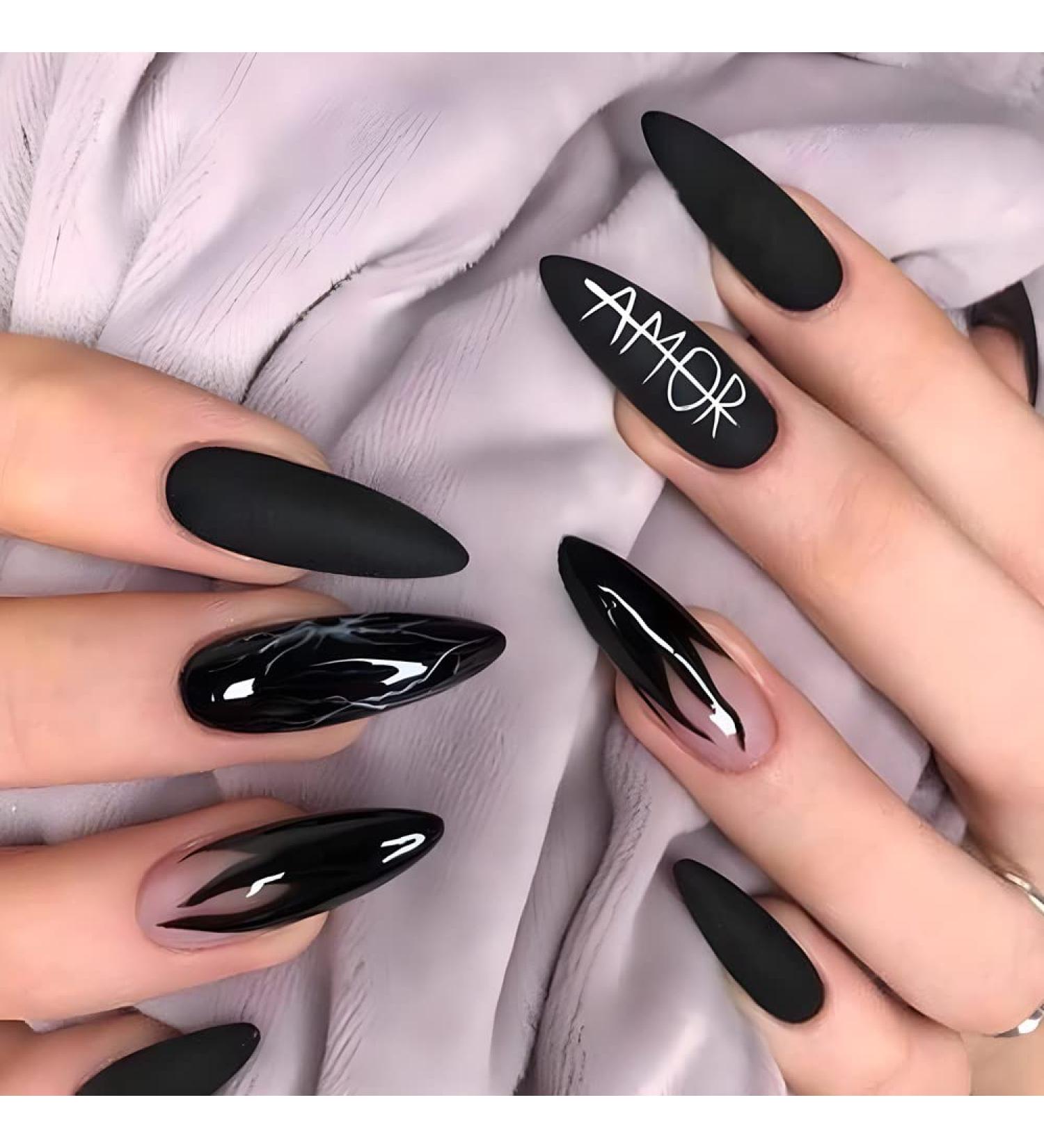 Press on Nails Extra Long Fake Nails White letters False Nails and black flame Press on Nails Designs Acrylic Nails Press on Artificial Nails Stick on Nails For Women Girls 24Pcs - Buy Online on GoSupps.com
