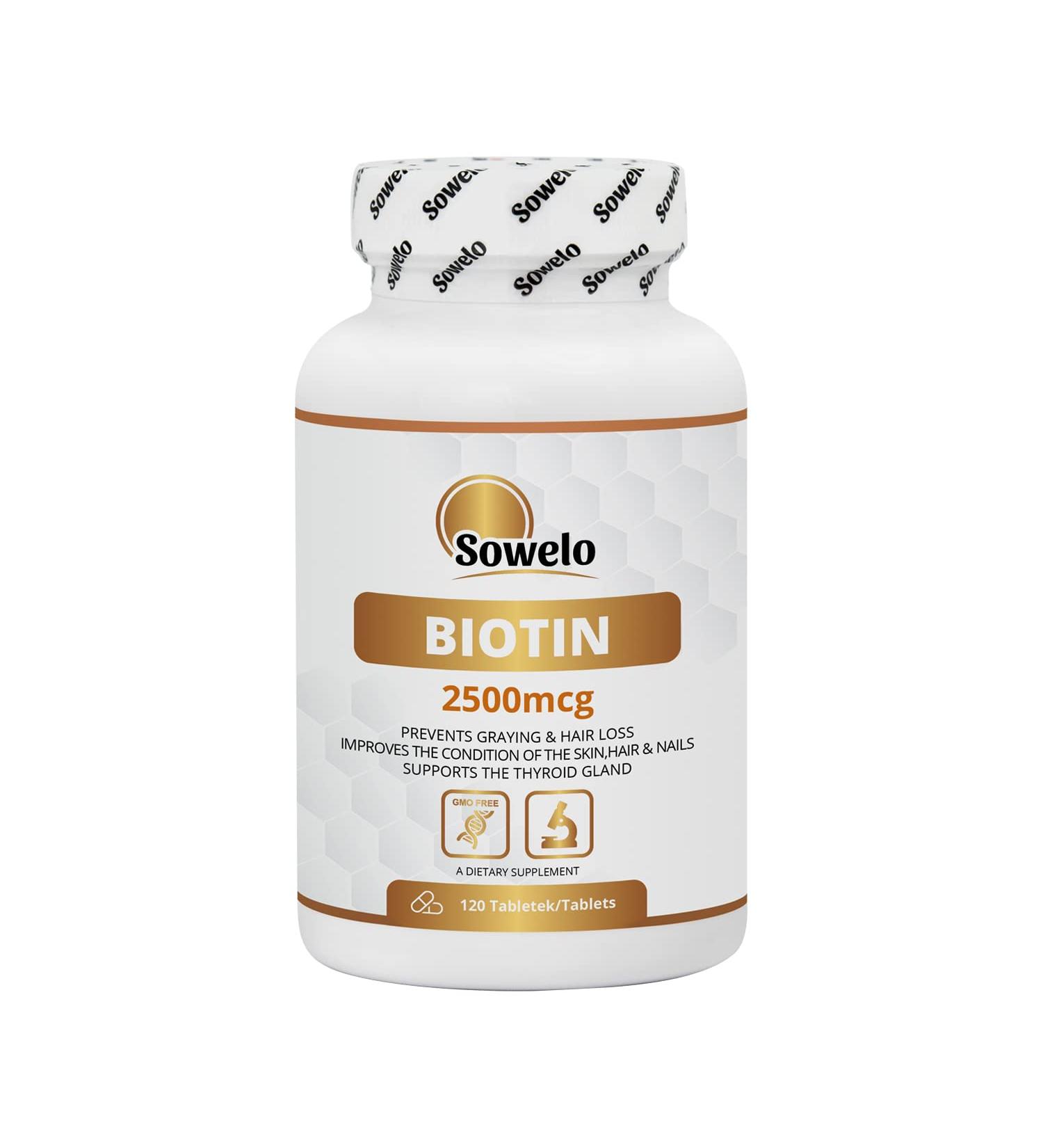 Sowelo Biotin 2500 McG - Premium Dietary Supplements for Hair Skin & Nails | Vitamin B7 | Anti-Aging | 120 Tablets - Buy Online on GoSupps.com