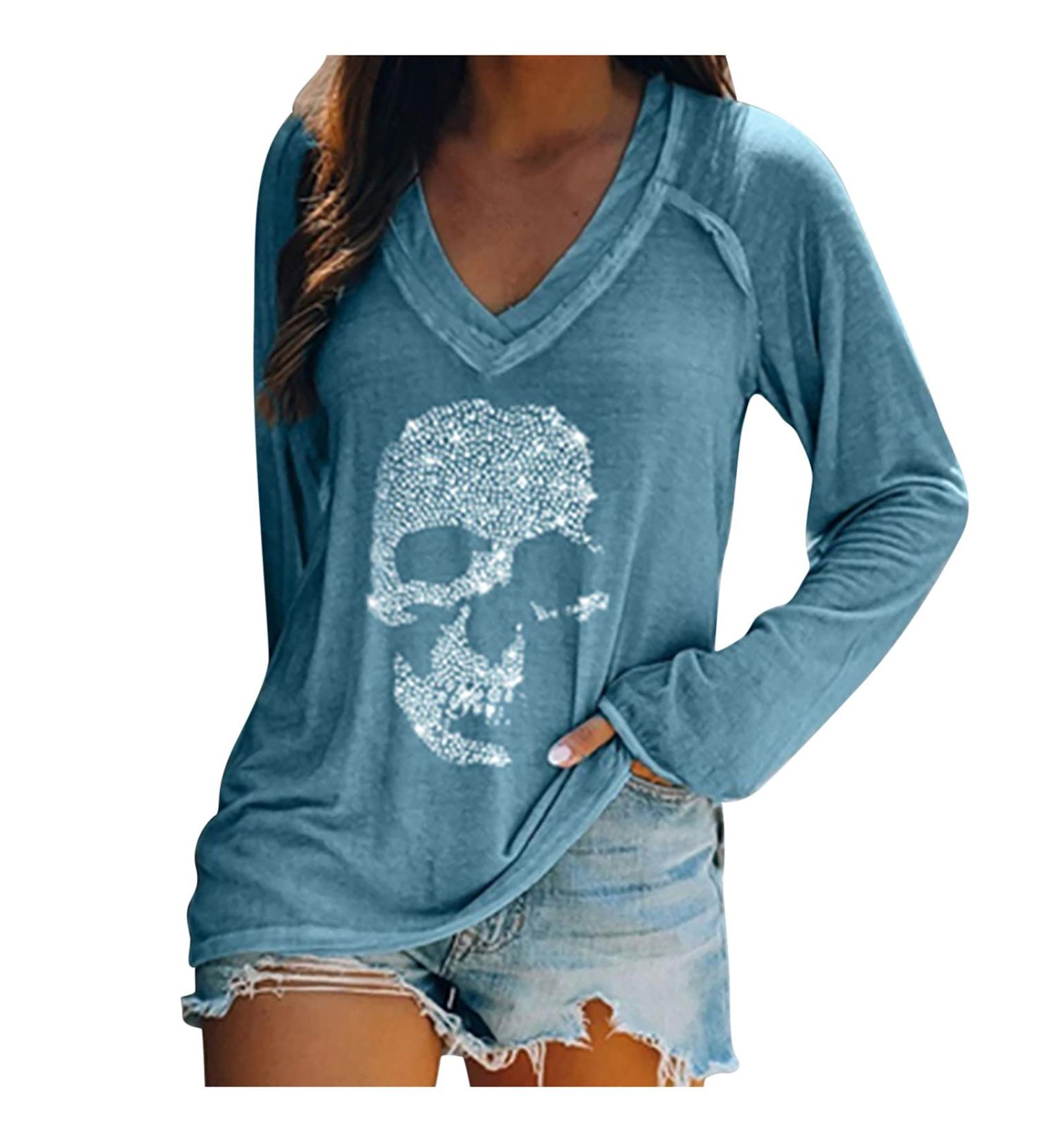 Women's Halloween V-Neck Shirt | Funny Pumpkin/Skeleton Print | Long Sleeve Casual Blouse - Buy Online on GoSupps.com