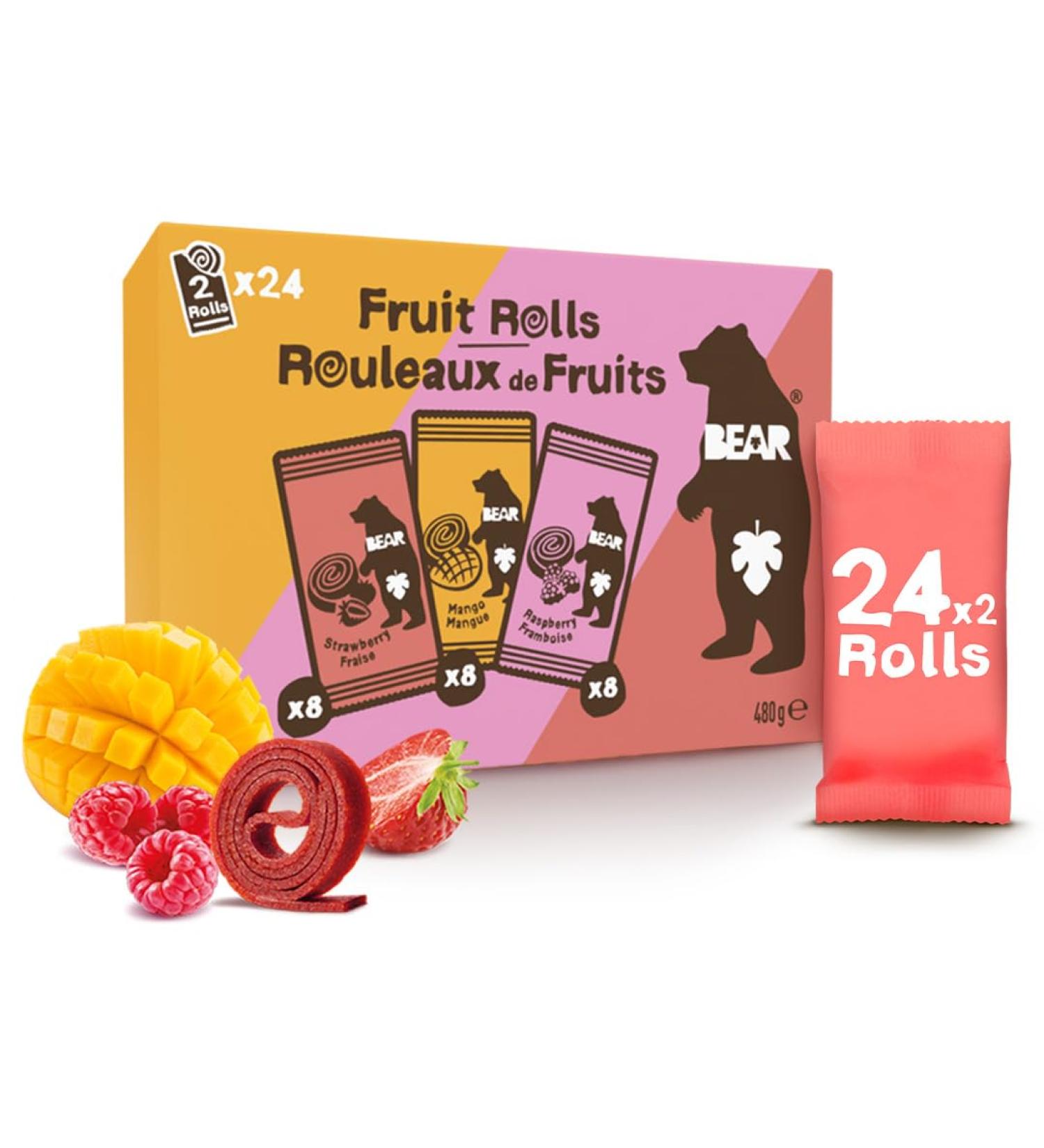BEAR Fruit Rolls 24 Packs of 2 Rolls - Healthy Fruit Snack Assorted Flavour - Strawberry Mango & Raspberry 24 count - Buy Online on GoSupps.com