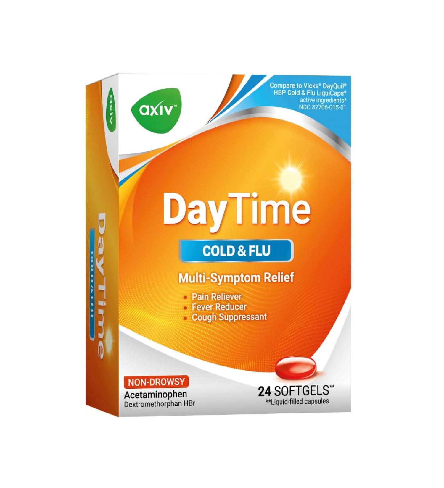 AXIV Daytime Multi-Symptom Daytime Cold and Flu Relief Softgels Non-Drowsy Cold Medicine Relief of Pain Sore Throat Minor Aches and Pains Fever Cough 24 Count 24 Softgels - Buy Online on GoSupps.com