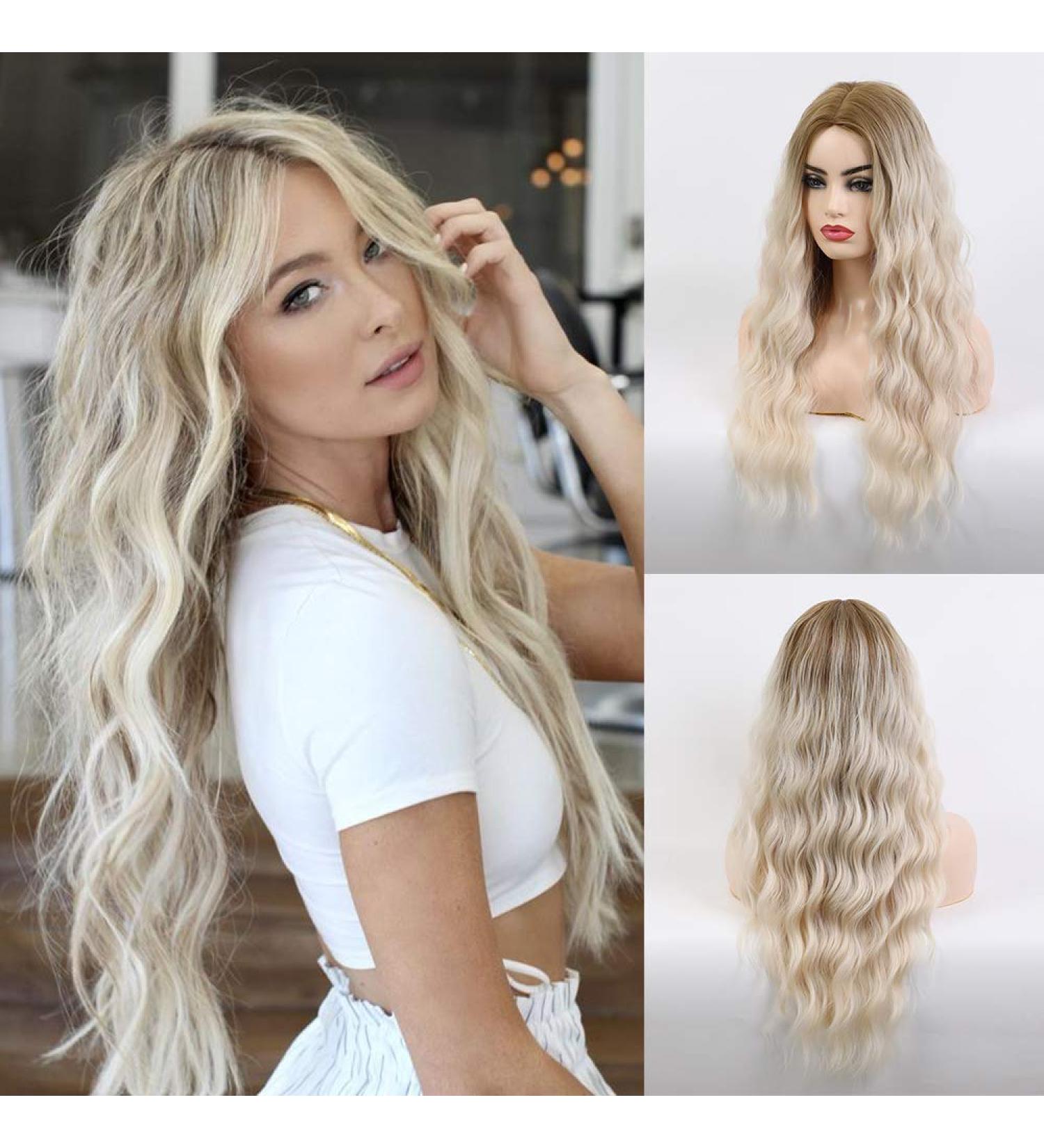 Long Wavy Blonde Synthetic Wig | Dark Root | Natural Beach Wave | Middle Part | Daily/Party/Cosplay | Platinum Blonde 26 Inch - Buy Online on GoSupps.com
