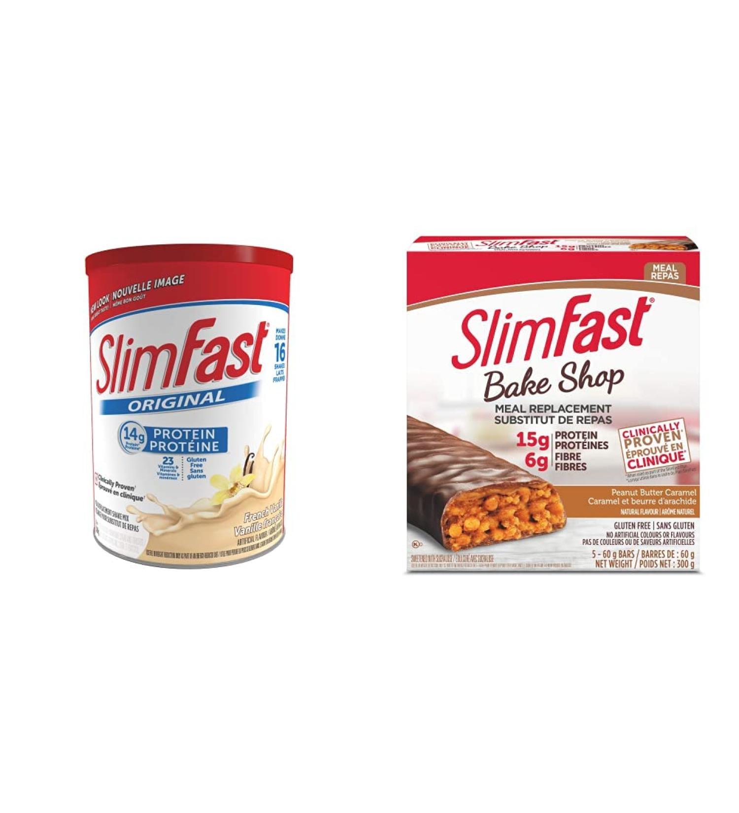 SlimFast Original Meal Replacement or Weight Loss Shake Mix Powder - 530g - French Vanilla Flavour & SlimFast Bake Shop Meal Replacement Bars Peanut Butter Caramel 300g - Buy Online on GoSupps.com