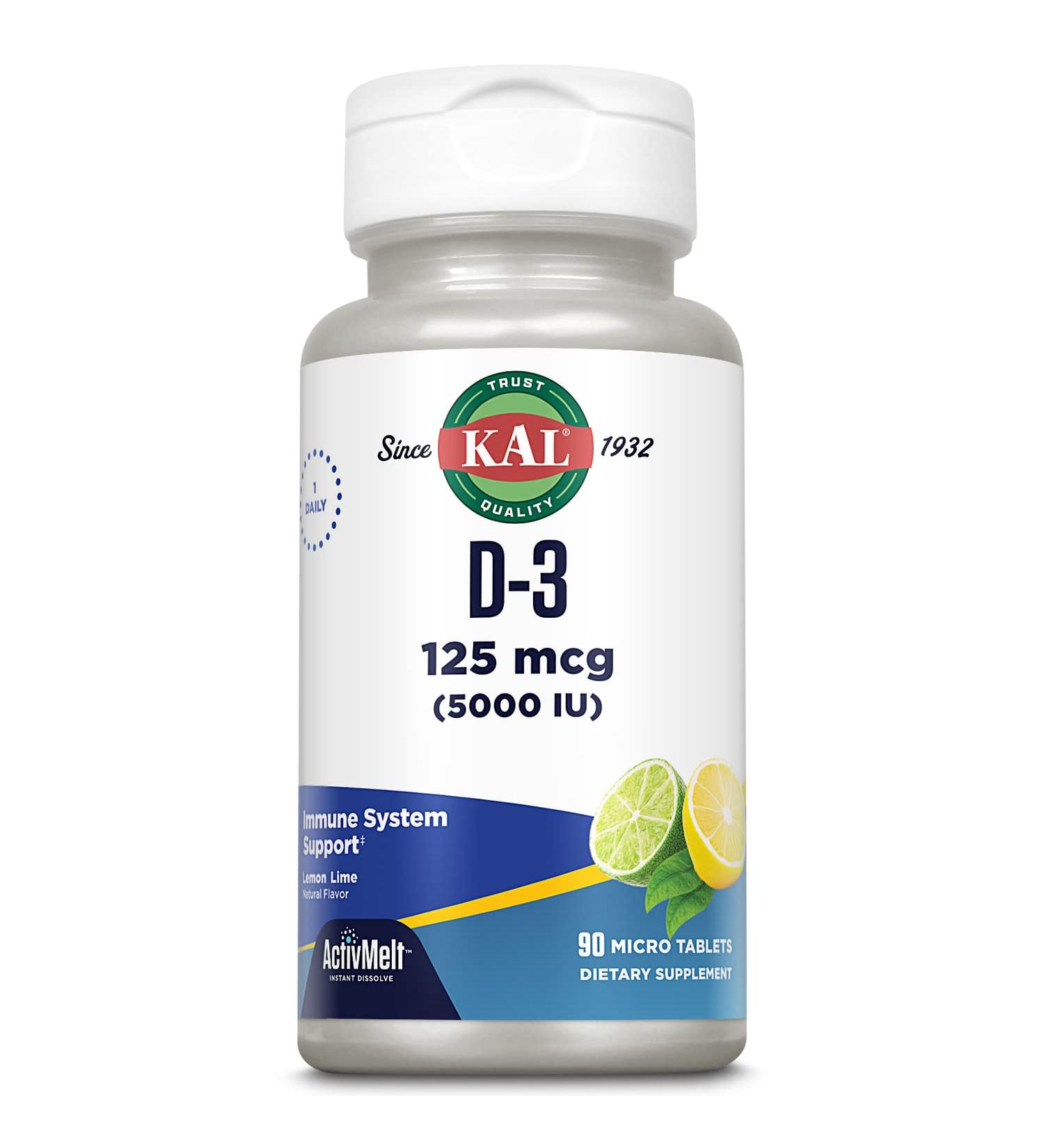 KAL Vitamin D-3 5000 IU ActivMelt Instant Dissolve Natural Lemon Lime Flavor Healthy Immune Function & Bone Support 90 Servings 90 Micro Tablets - Buy Online on GoSupps.com