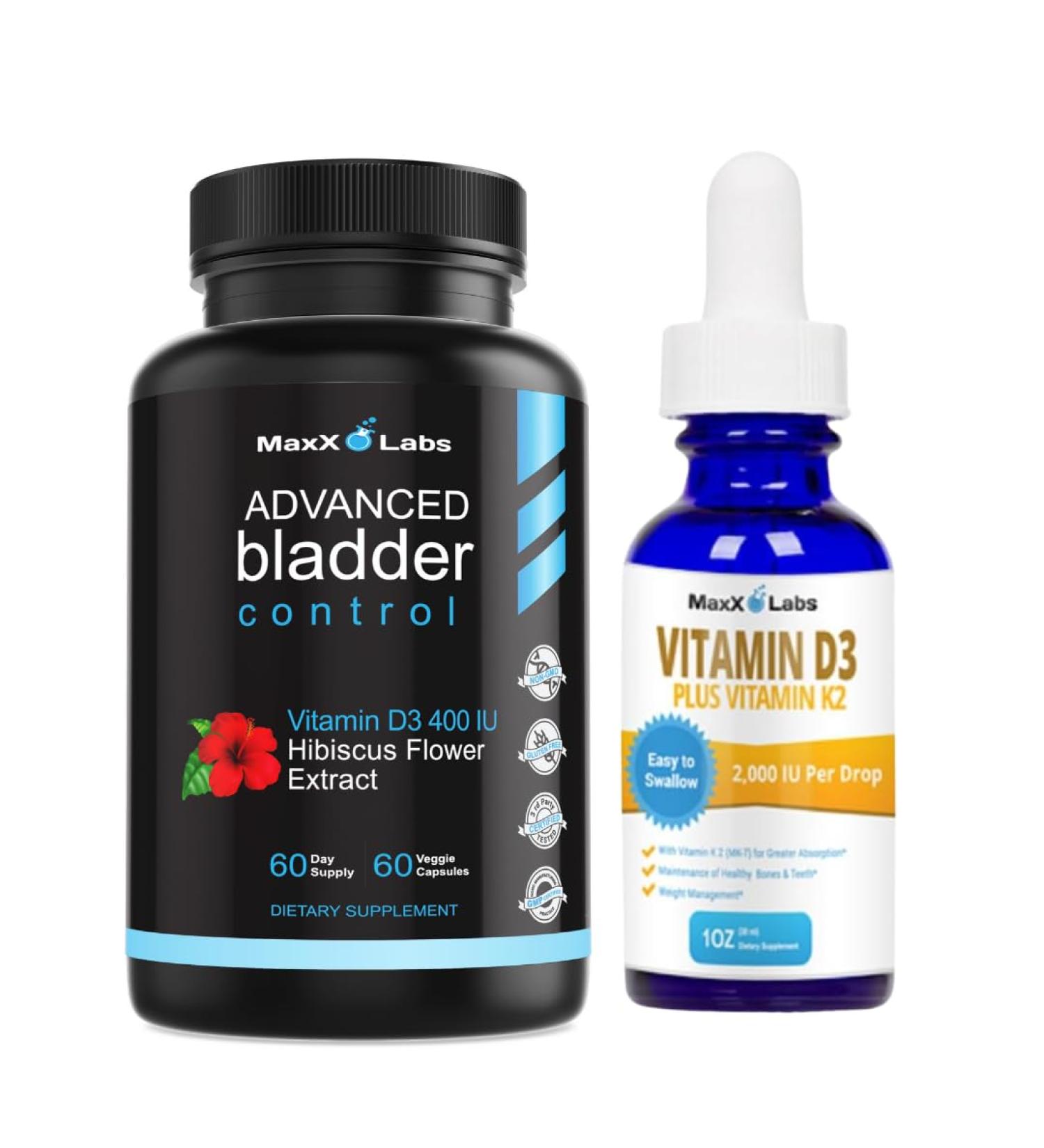 MaxX Labs Advanced Bladder Control Supplements 60Ct + Vitamin D3 K2 Liquid Drops w/ K2 MK7-2 000 IU Per Drop Liquid Vitamin D K2 Drops 1 Oz - Buy Online on GoSupps.com