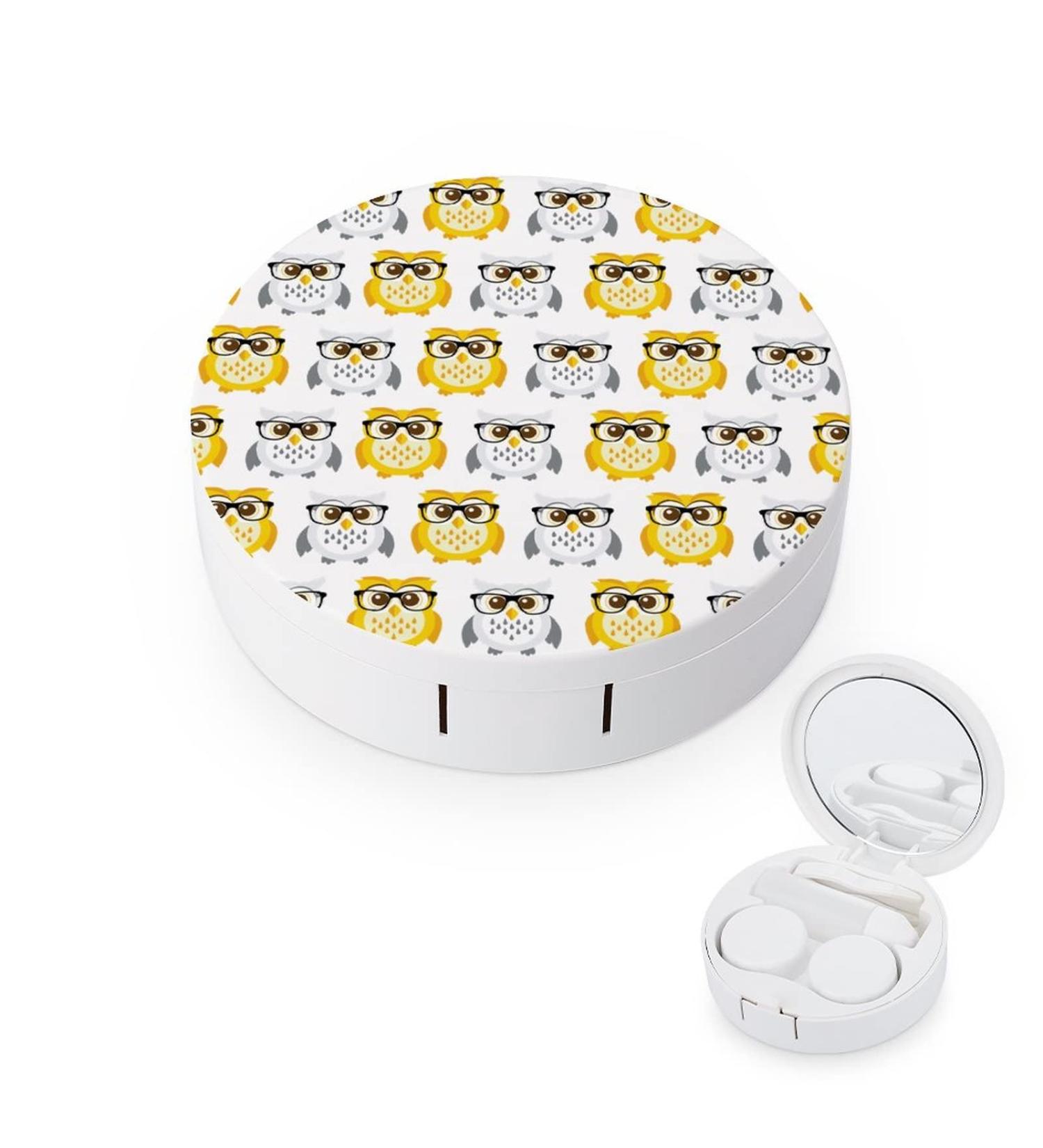 Cute Owls Round Case For Contact Lens Kit Storage Box with Mirror Printed - Buy Online on GoSupps.com