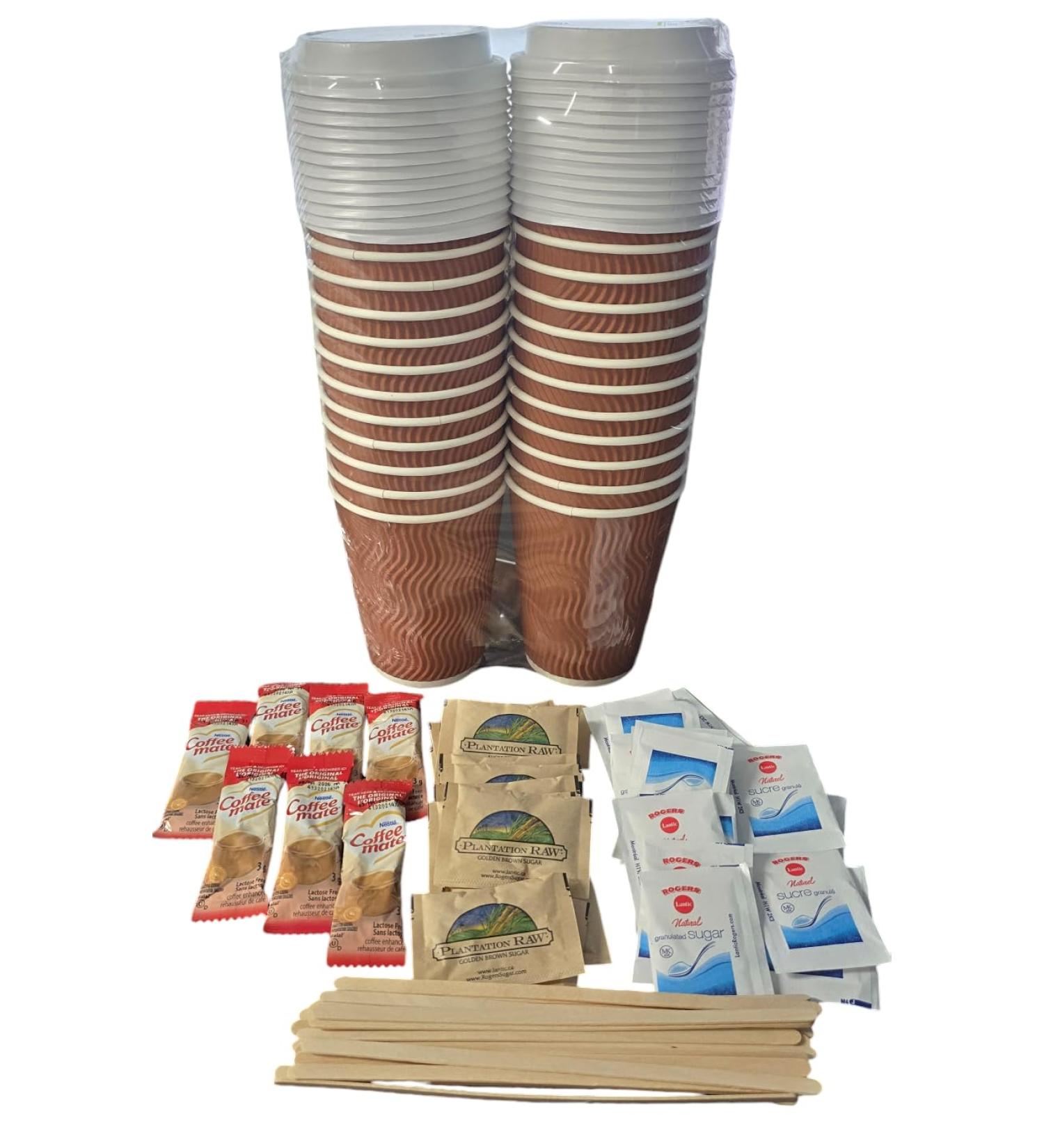 24-12 oz Brown Ripple Coffee Cups & Lids Double Wall - 25 Coffee Creamer & Sugar Bundle - 50 Each White Sugar Packets Raw Sugar Pack Wood Stick - Gobelets Isolants a Paroi Double Couvercles - Buy Online on GoSupps.com