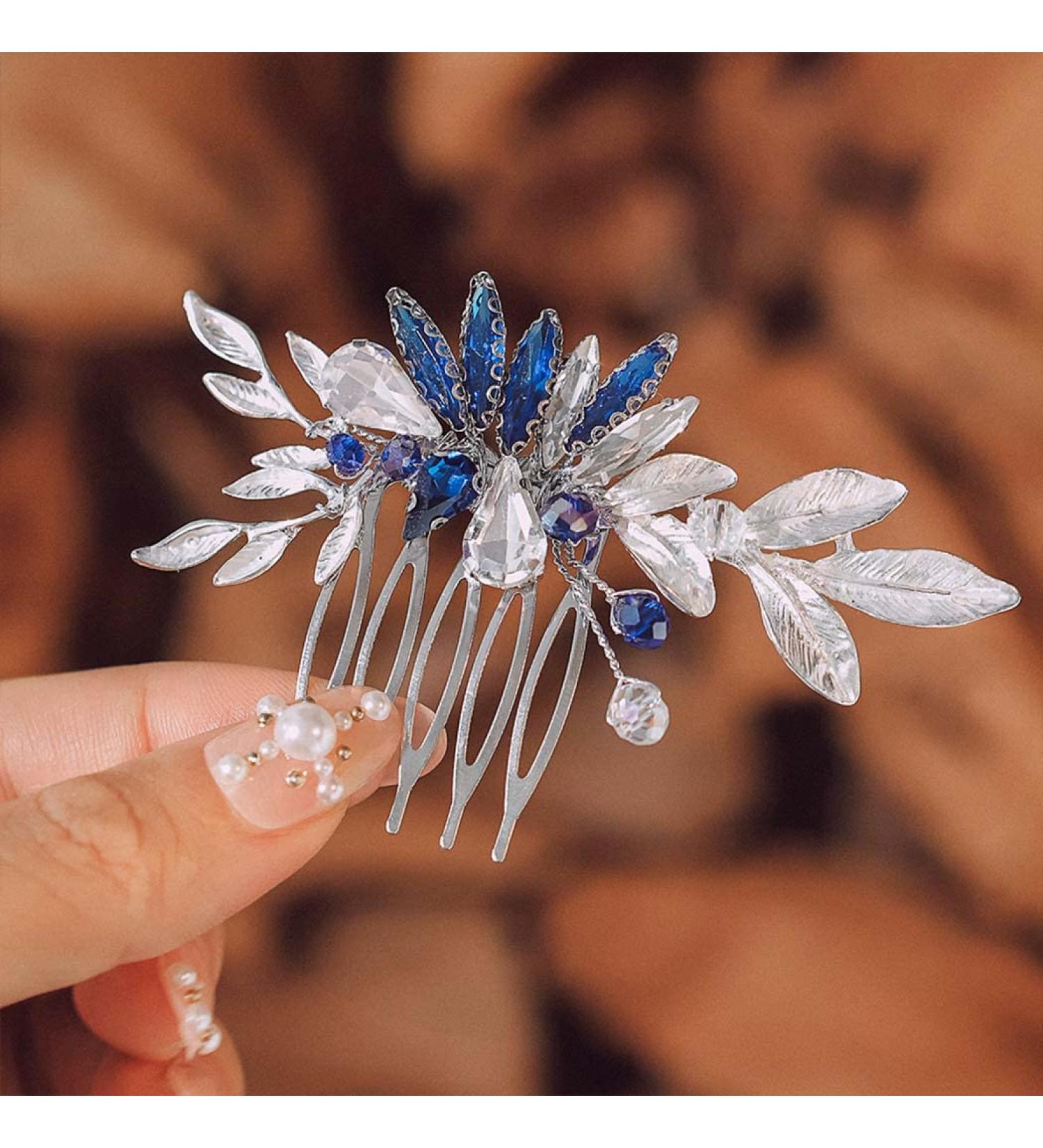 IYOU Rhinestone Bridal Hair Combs Crystal Blue Wedding Side Comb Leaf Prom Bride Hair Accessories for Women - Buy Online on GoSupps.com