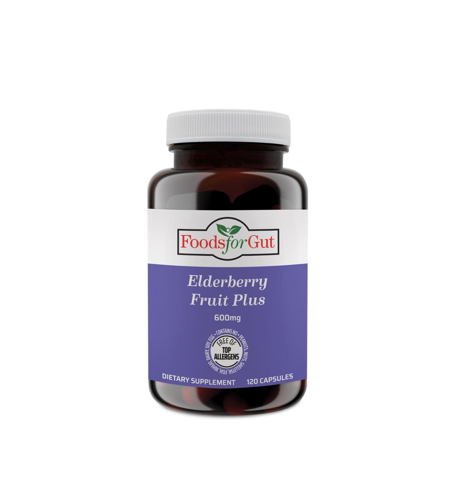 Foods For Gut Elderberry Fruit Plus | 600 mg Per Serving 120 Capsules | Vegetarian Capsules | Free of Top Allergens | Immune Support & Antioxidants | Skin & Digestive Health - Buy Online on GoSupps.com