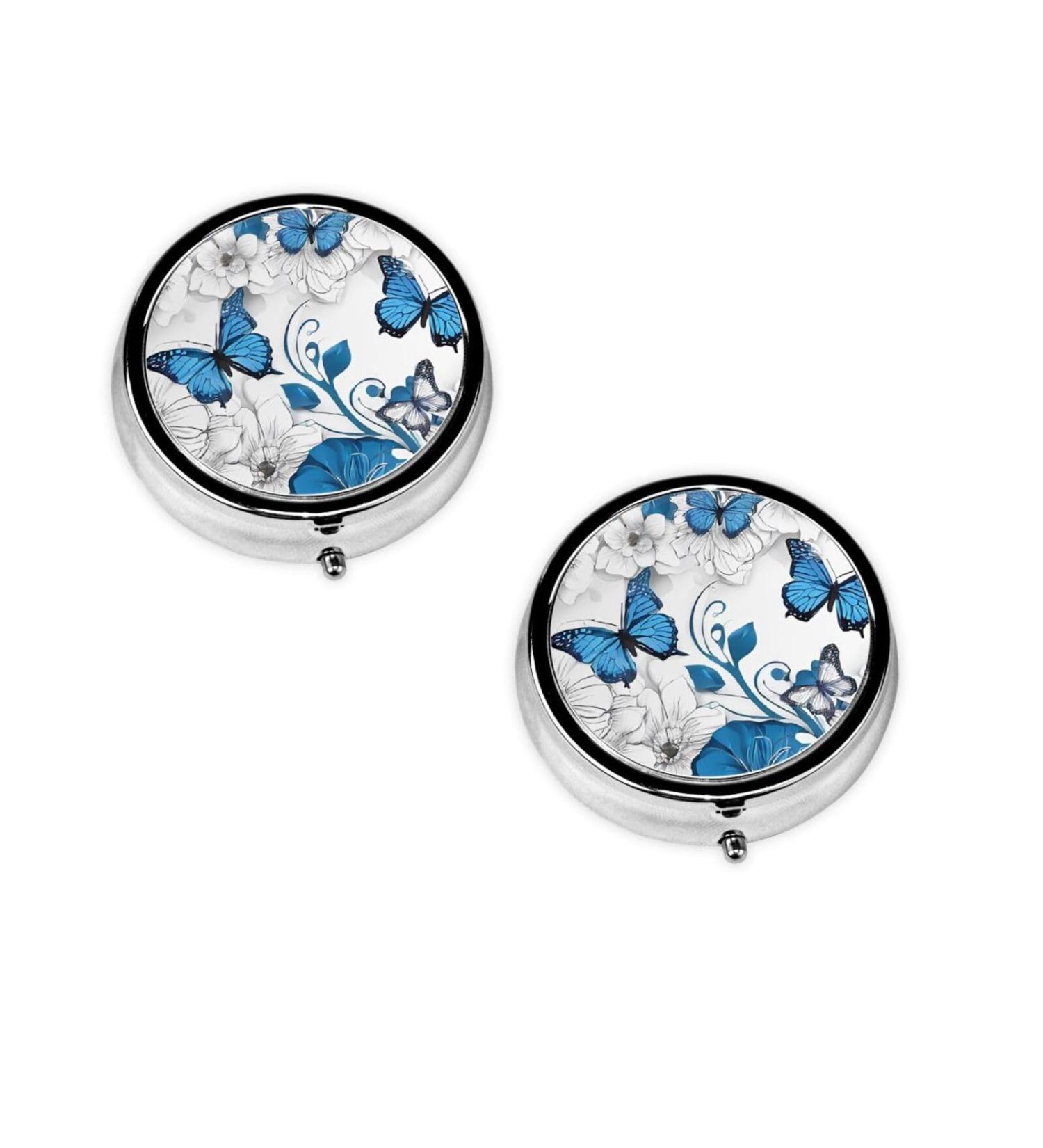 Blue Butterflies White Flowers Mini Round Pill Box | 3 Compartment Travel Organizer | Portable Medicine Case for Home & Office - Buy Online on GoSupps.com