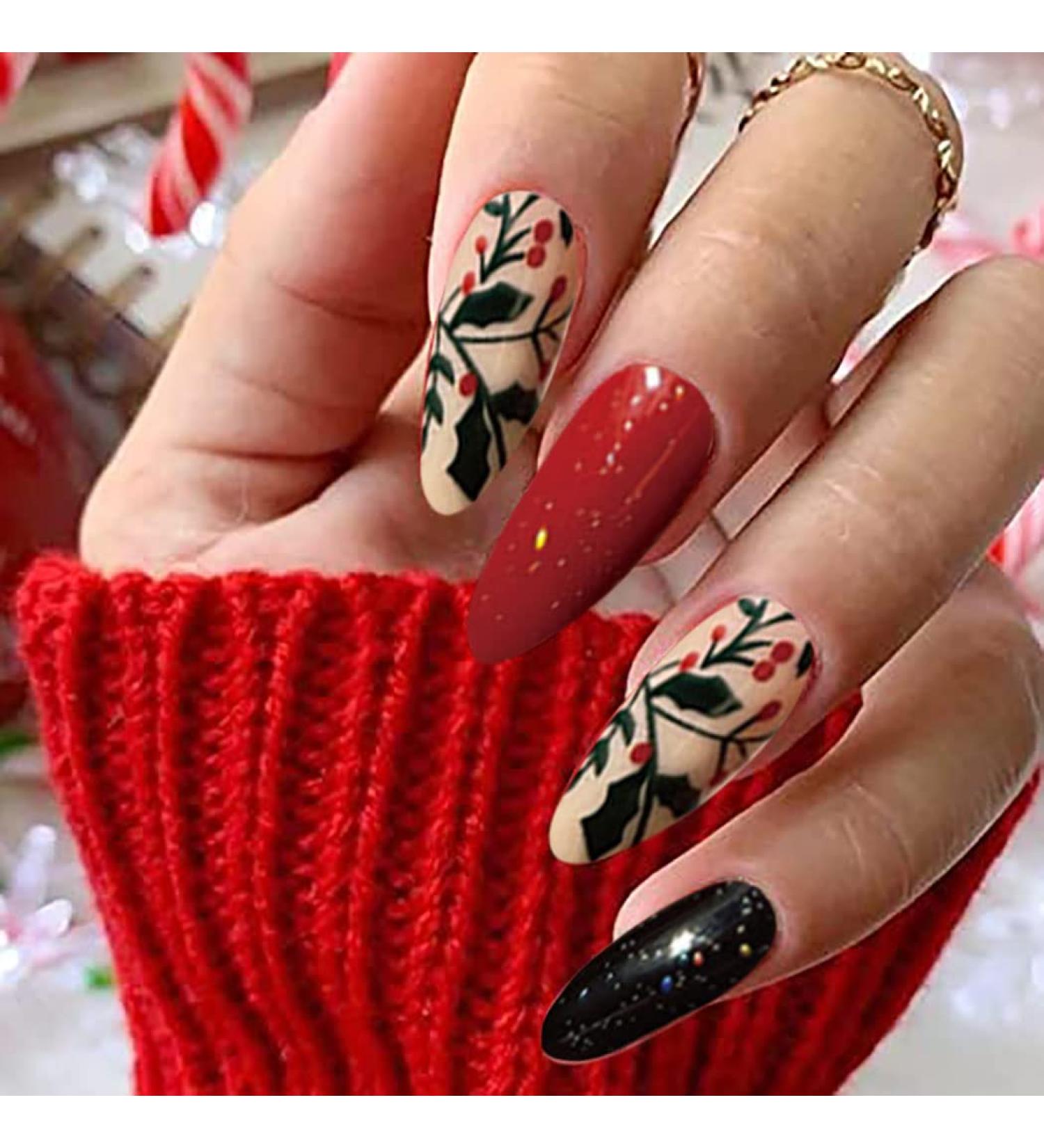 Vatocu Christmas False Nails Short Red Press on Nails - Snowflake Elk Snowman Design (24pcs) | Acrylic Stick on Nails for Women and Girls - Buy Online on GoSupps.com