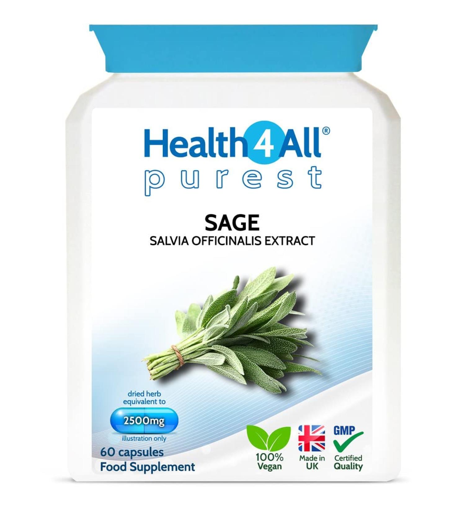 Health4All Sage Strong 2500mg Capsules - Vegan Supplement for Menopause Symptoms - 60 Count - Buy Online on GoSupps.com