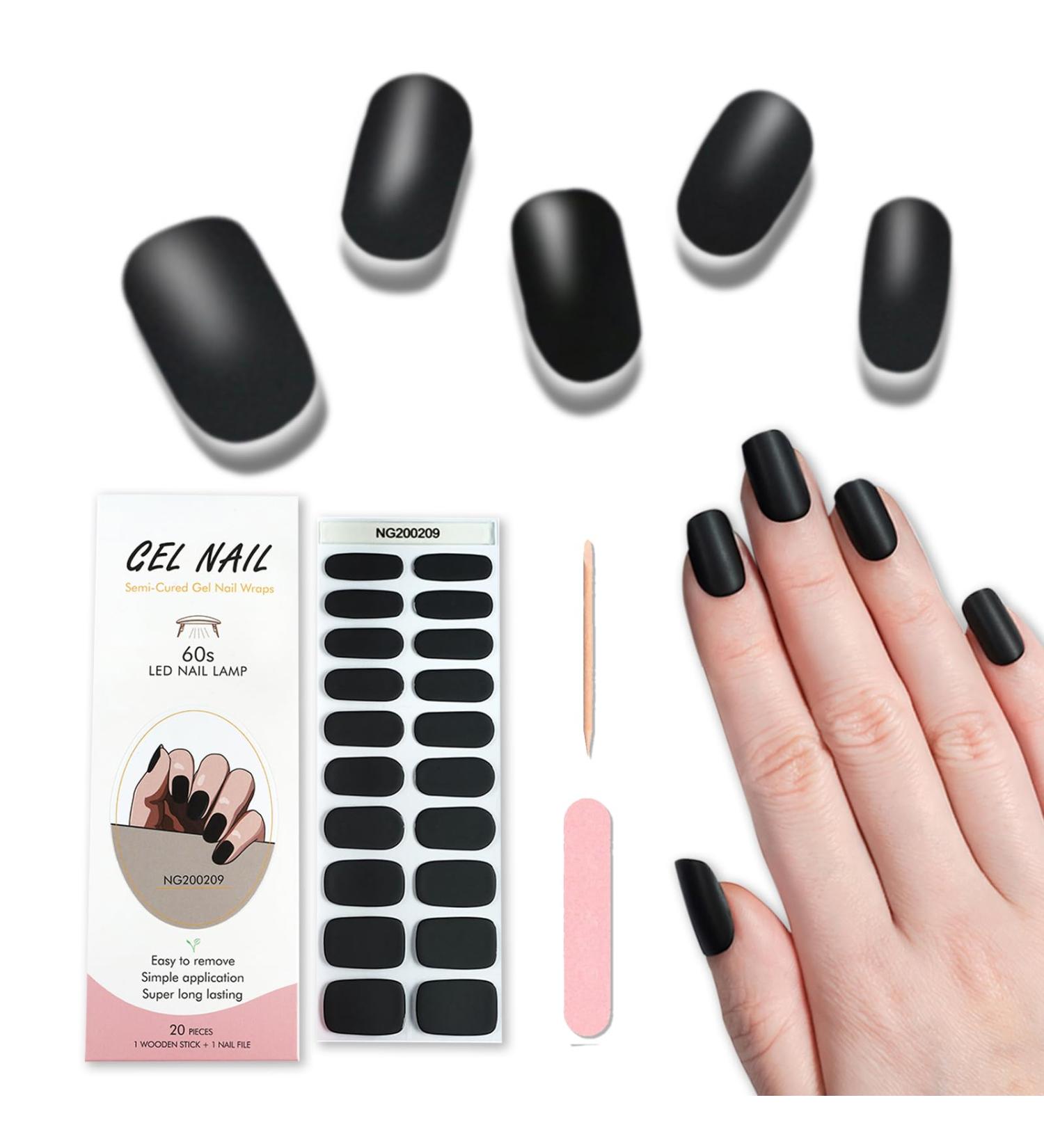 Foyute Semi Cured Gel Nail Strips 20 Pcs Soft Self-Adhesive Gel Nail Polish Wraps Sticker for Salon-Quality Manicure Set Long Lasting Easy to Apply & Remove Nail File & Wooden Stick Matte black - Buy Online on GoSupps.com