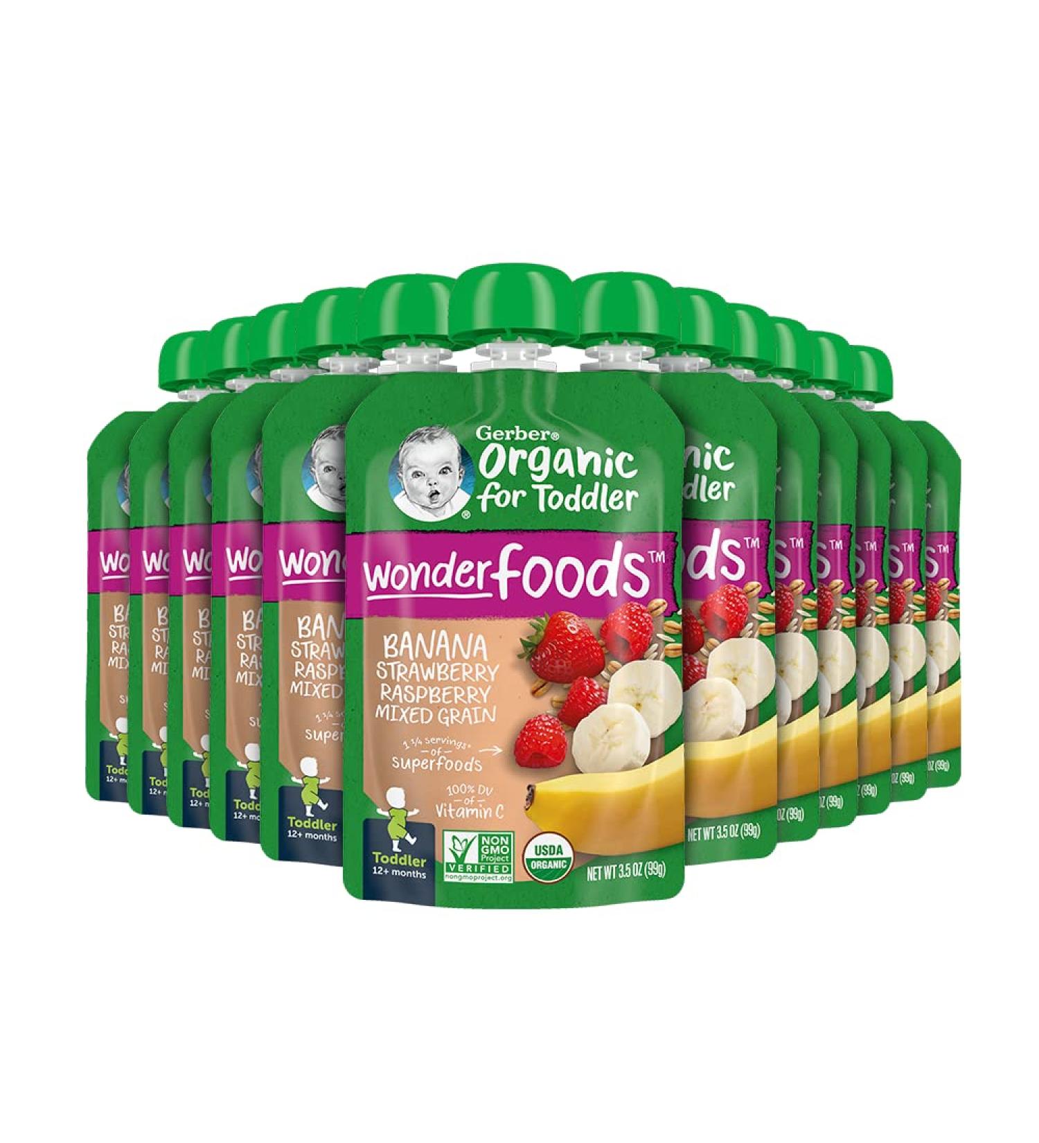 Gerber Organic Baby Food Pouches - WonderFoods Banana Red Berries Granola 3.5oz (Pack of 12) - Buy Online on GoSupps.com