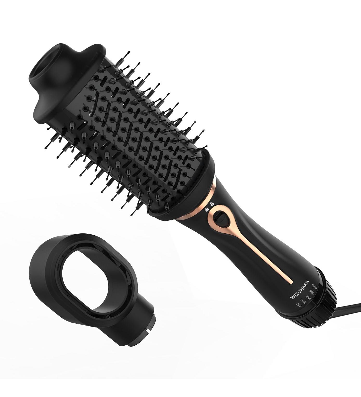 Dual Voltage Hot Air Brush - 1200W One-Step Blow Dryer & Volumizer for Curling Straightening and Drying - Travel-Friendly Detachable Oval Brush in Black Gold - Buy Online on GoSupps.com