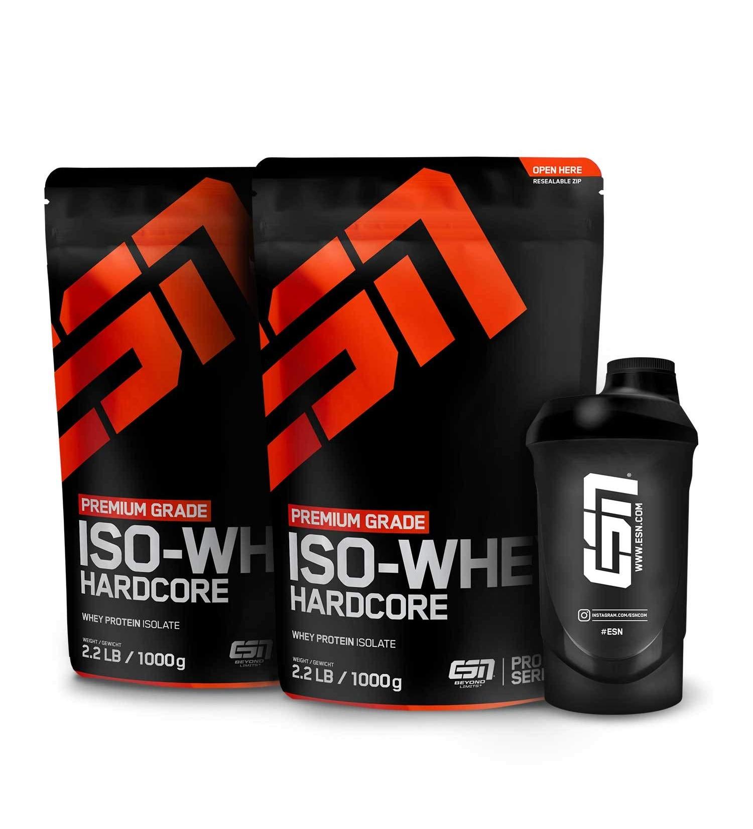 Buy ESN IsoWhey Hardcore 2 x 1000g Banana Pouch + Free ESN Shaker | International Shipping - Buy Online on GoSupps.com