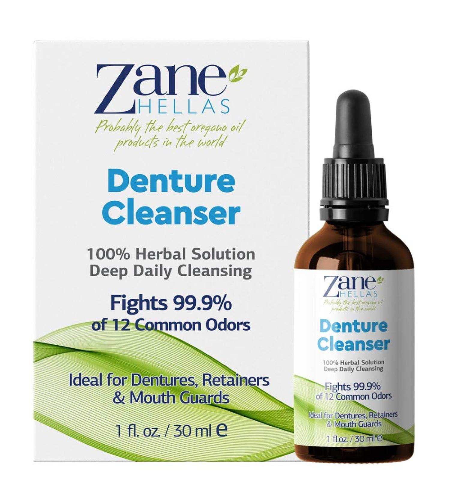 Zane Hellas Denture Cleaner with Oregano Oil - 100% Herbal Solution for Dentures Retainers Braces & Mouth Guards - Removes Plaque Tartar Stains & Bad Odor - 1 fl. oz. (30ml - Buy Online on GoSupps.com