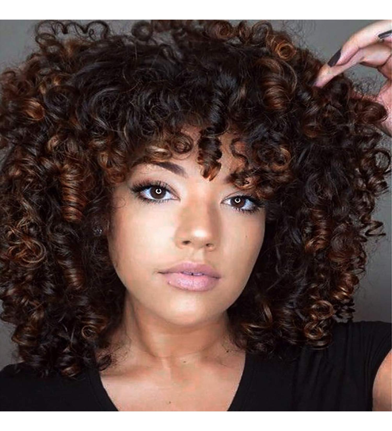 Premium Short Synthetic Curly Afro Wig for Black Women with Bangs - Mixed Brown #2/33 - Buy Online on GoSupps.com